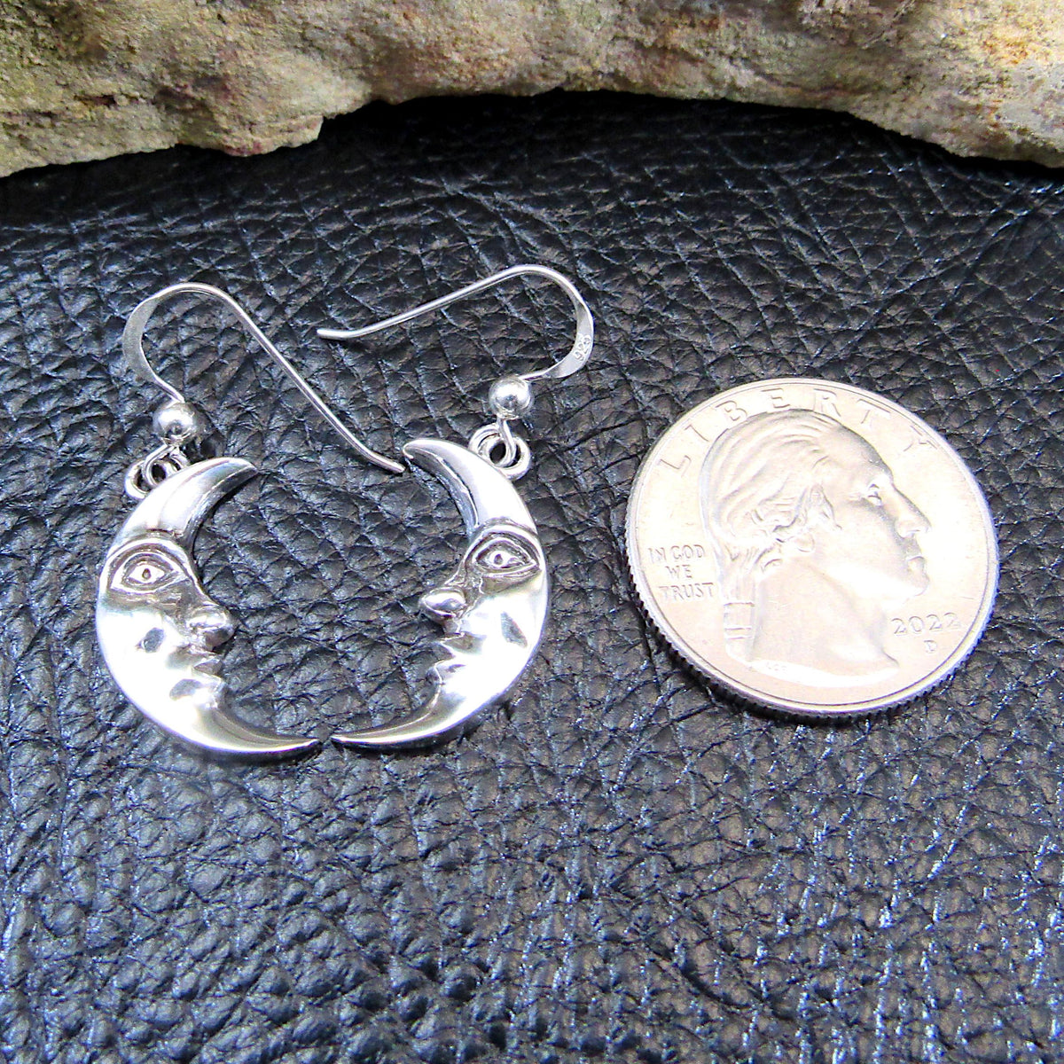 Solid 925 Sterling Silver Crescent Moon Face Earrings, Drop Dangle Hook Earrings, Celestial Jewelry