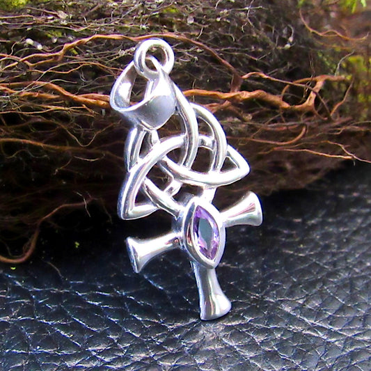 Solid 925 Sterling Silver Egyptian Ankh Necklace Pendant w/ Celtic Triquetra Knots & Gemstone