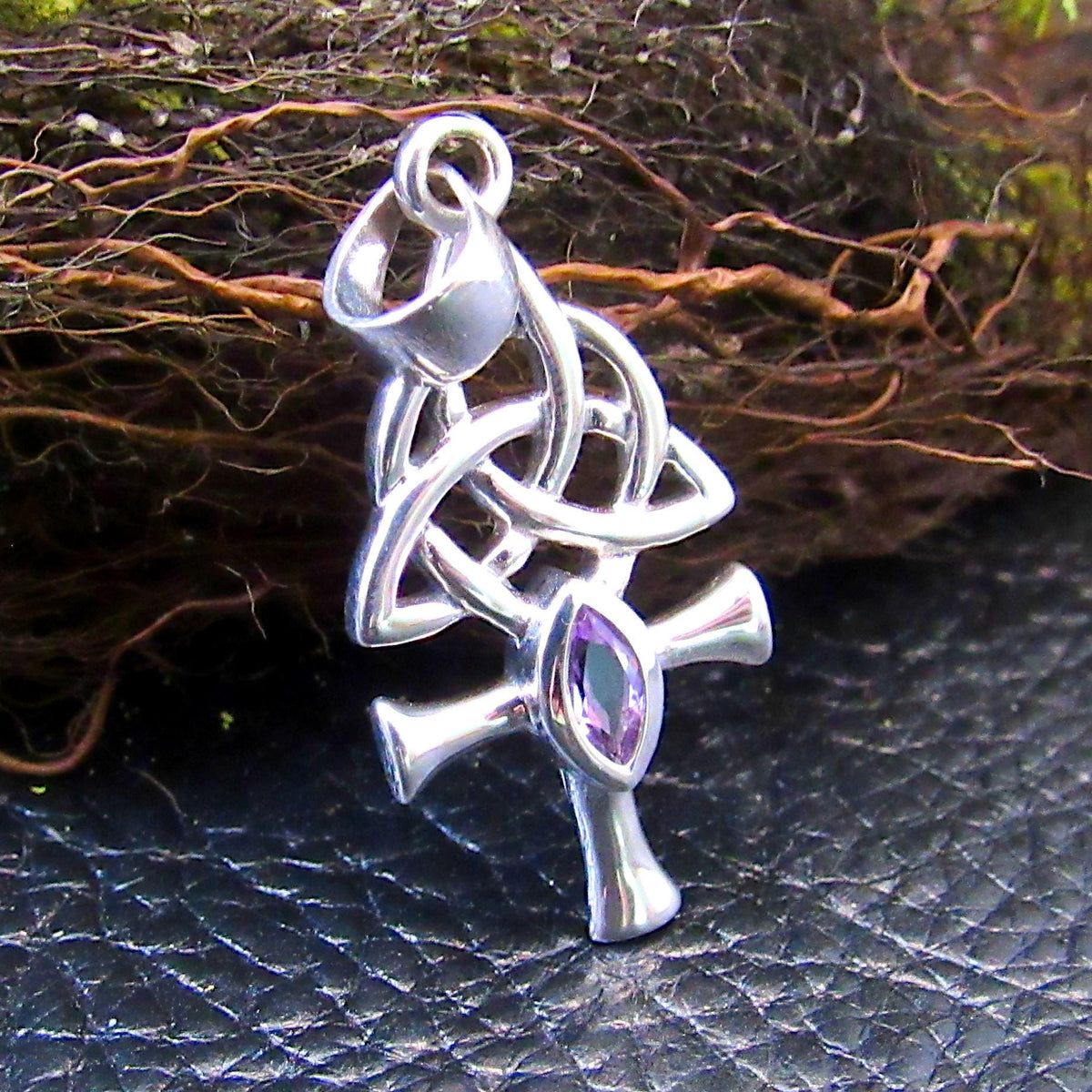 Solid 925 Sterling Silver Egyptian Ankh Necklace Pendant w/ Celtic Triquetra Knots & Gemstone