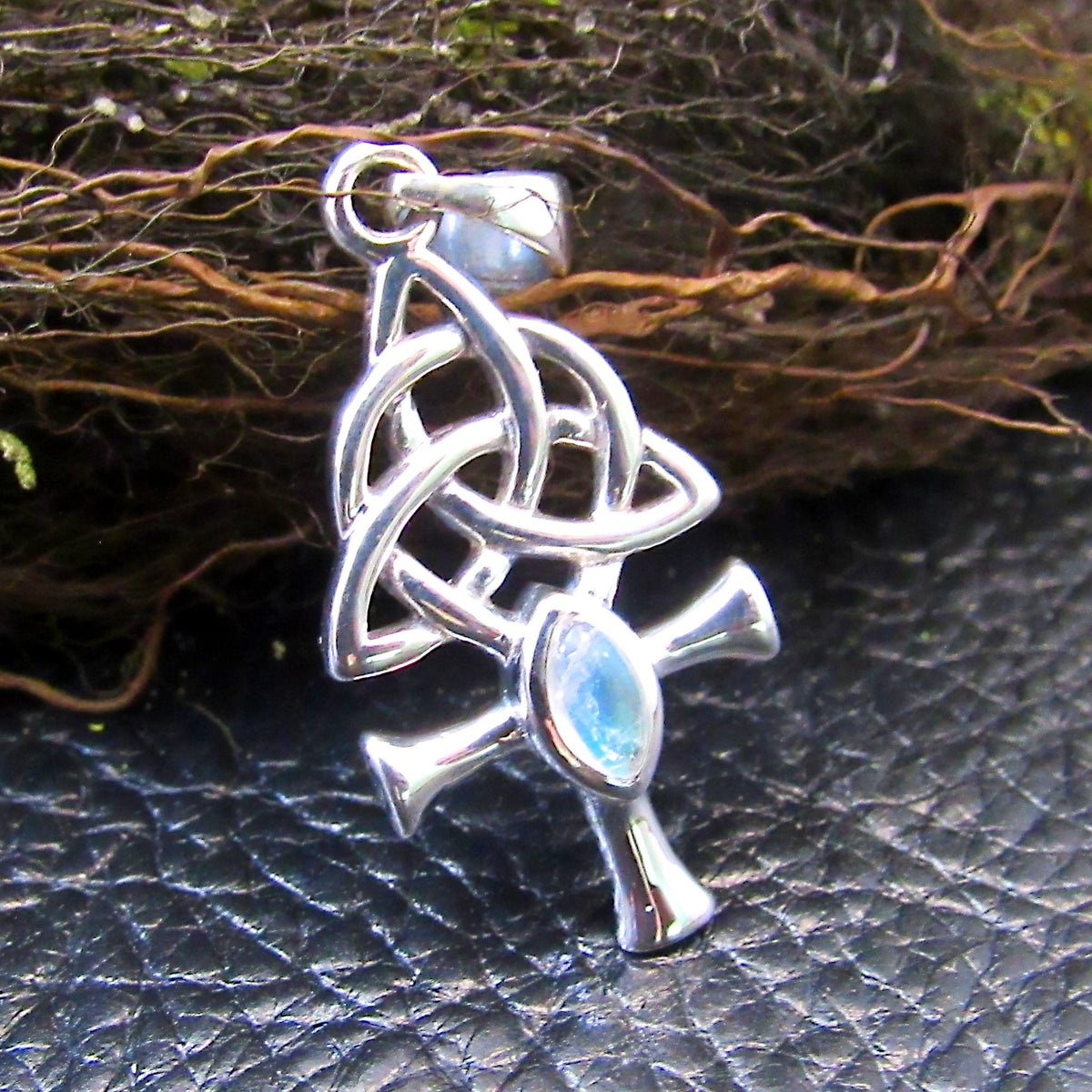 Solid 925 Sterling Silver Egyptian Ankh Necklace Pendant w/ Celtic Triquetra Knots & Gemstone