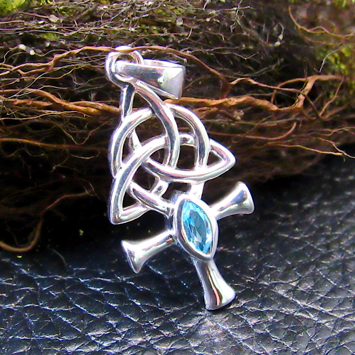 Solid 925 Sterling Silver Egyptian Ankh Necklace Pendant w/ Celtic Triquetra Knots & Gemstone