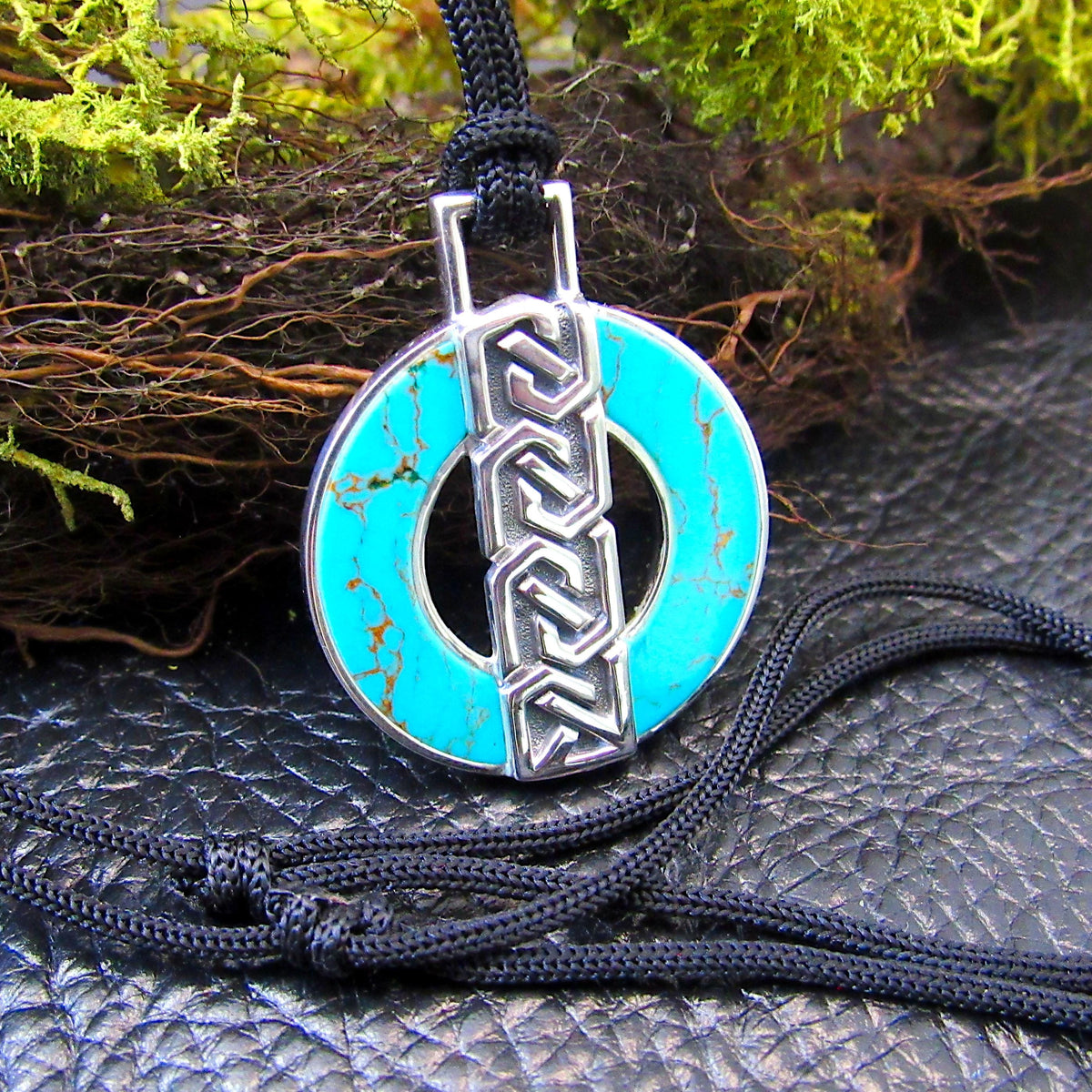 Solid 925 Sterling Silver Celtic Full Moon Turquoise Pendant Necklace, 24 Inches, Adjustable