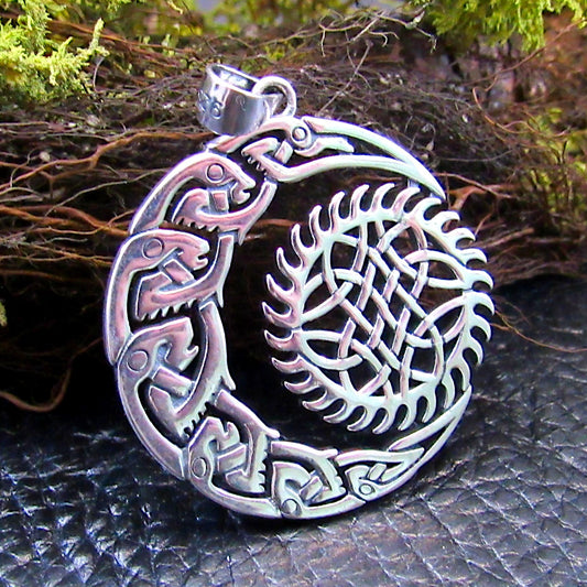 Solid 925 Sterling Silver Crescent Moon And Sun Pendant, Celtic Zoomorphic Beasts Amulet