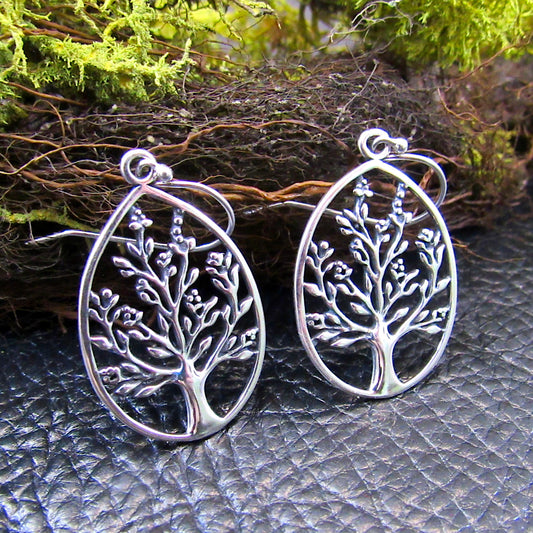 Solid 925 Sterling Silver Tree of Life Earrings, Drop Dangle Hooks, Celtic Yggdrasil Jewelry