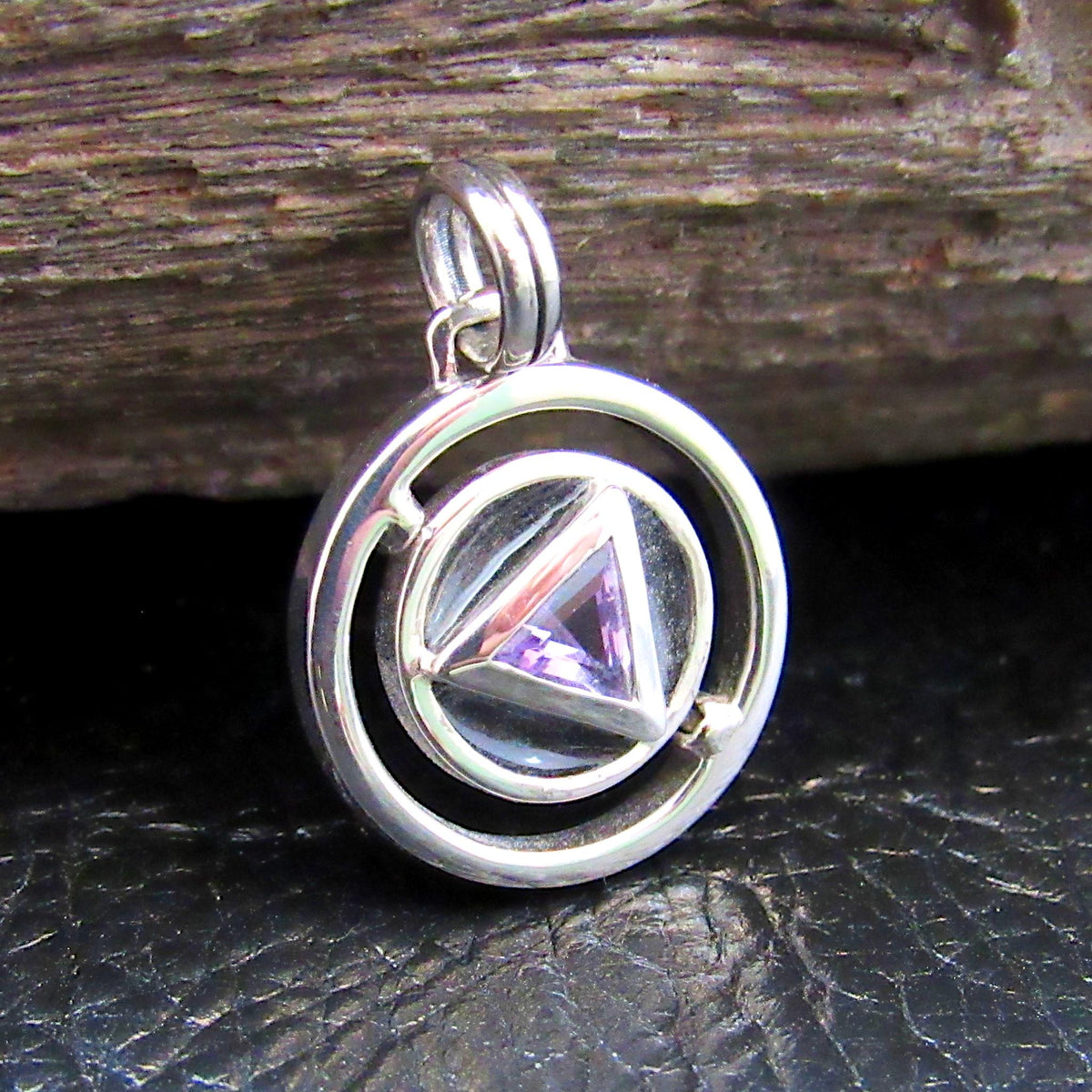 Solid 925 Sterling Silver Double Circle A Road to Recovery Pendant with Faceted Trillion Cut Purple Amethyst Gemstone