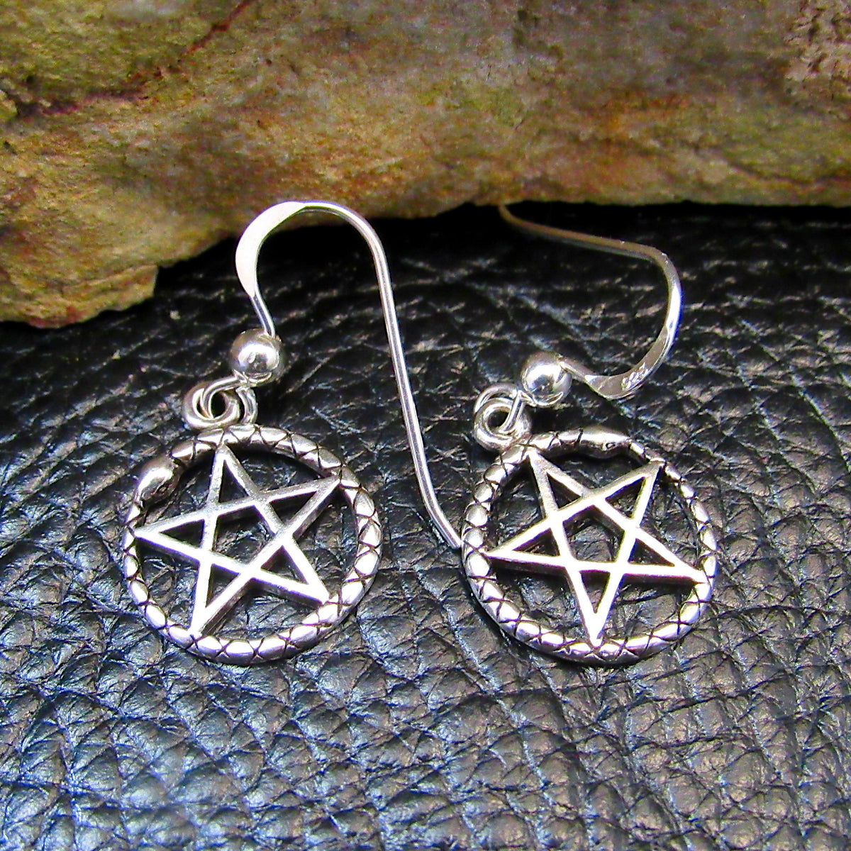Solid 925 Sterling Silver Ouroboros Pentacle Earrings, Drop / Dangle / Hook Pentagram Earrings, Pagan Jewelry
