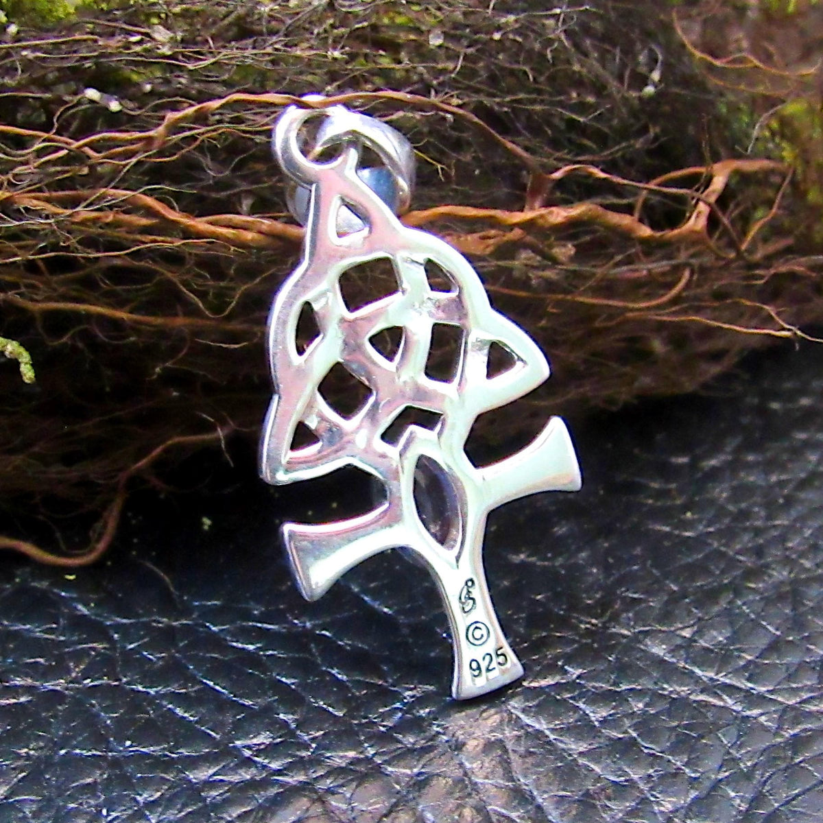 Solid 925 Sterling Silver Egyptian Ankh Necklace Pendant w/ Celtic Triquetra Knots & Gemstone