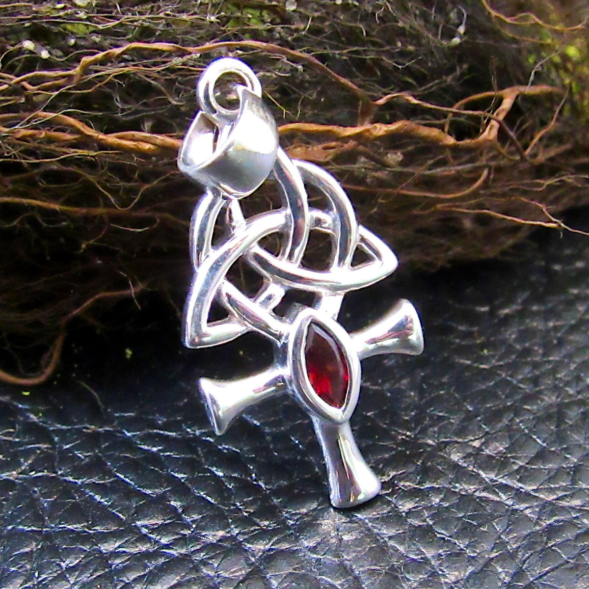 Solid 925 Sterling Silver Egyptian Ankh Necklace Pendant w/ Celtic Triquetra Knots & Gemstone