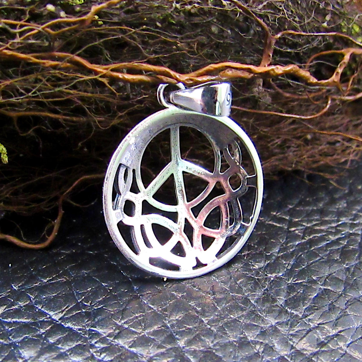 Solid 925 Sterling Silver Peace Sign Pendant with Celtic Knotwork - Hippie Jewelry Charm