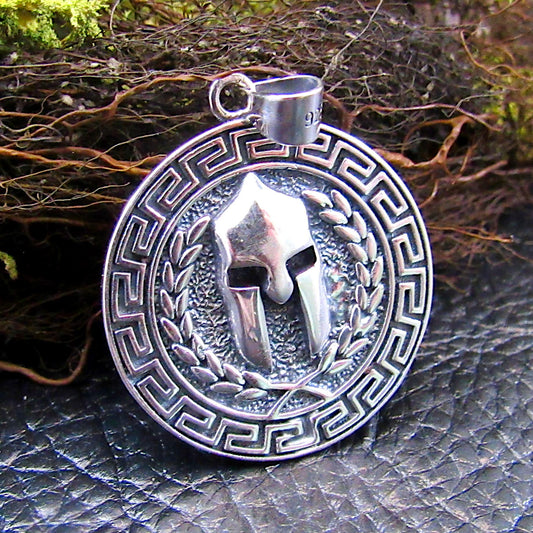 Solid 925 Sterling Silver Spartan Helmet Pendant - Greek Key Warrior Coin Medallion