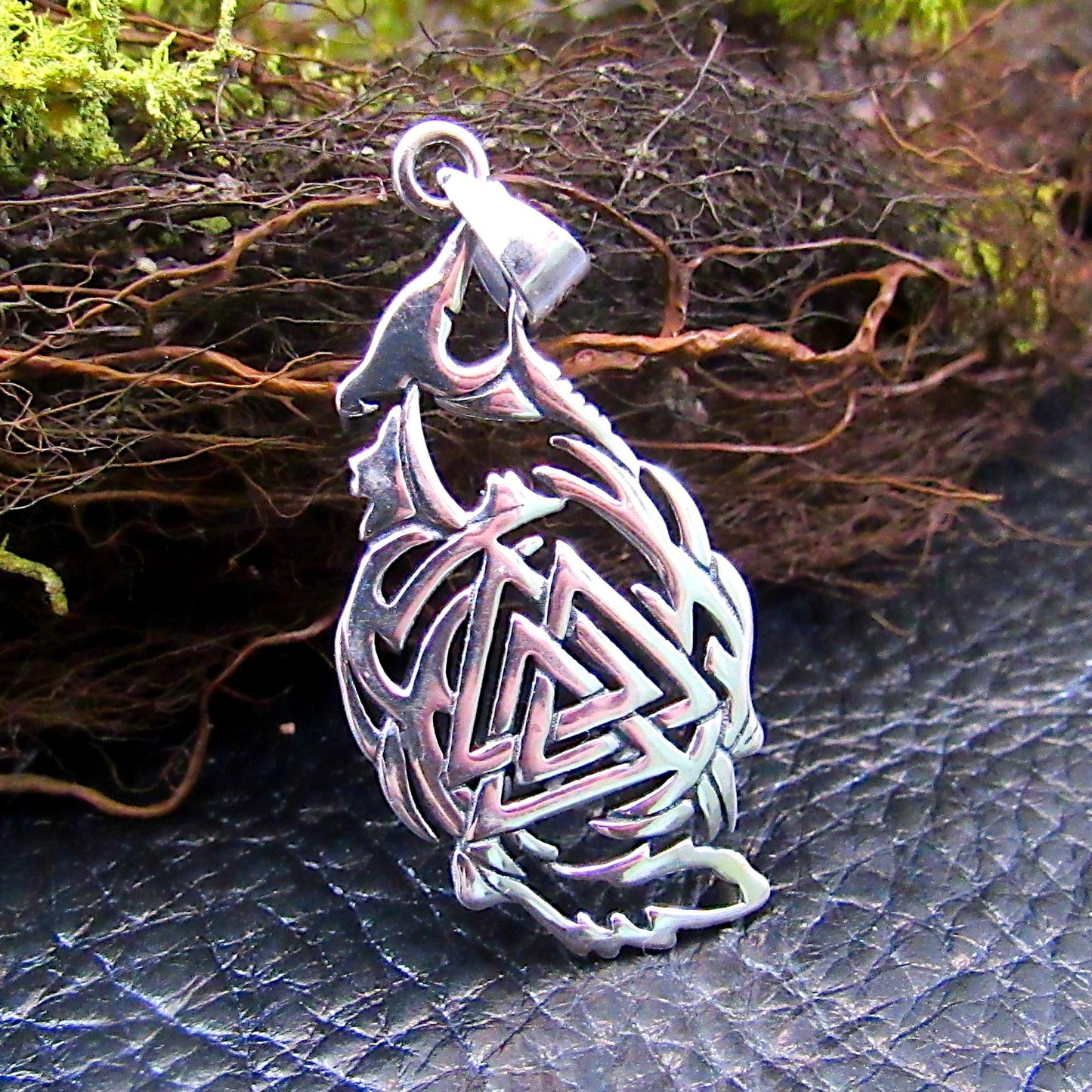 Solid 925 Sterling Silver Fenrir Wolf & Valknut Pendant - Norse Symbol - Viking Jewelry