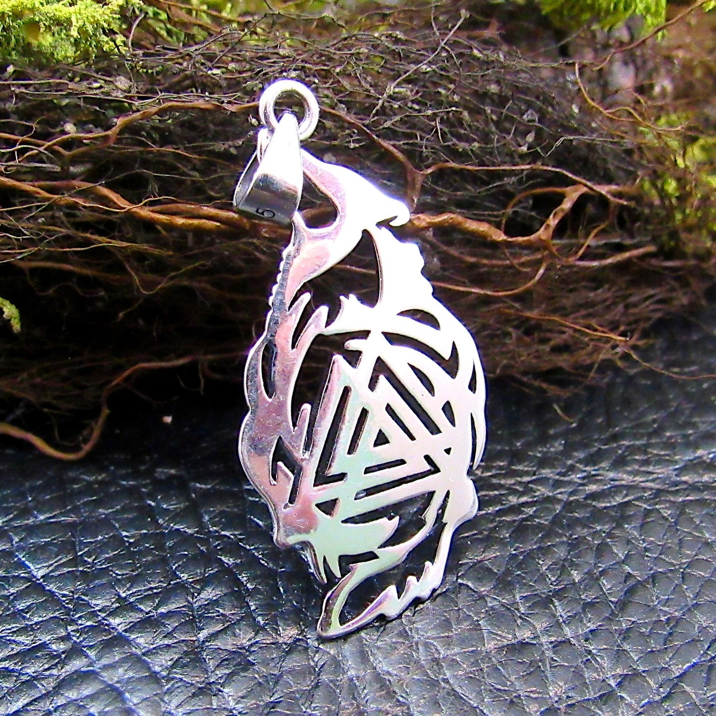 Solid 925 Sterling Silver Fenrir Wolf & Valknut Pendant - Norse Symbol - Viking Jewelry
