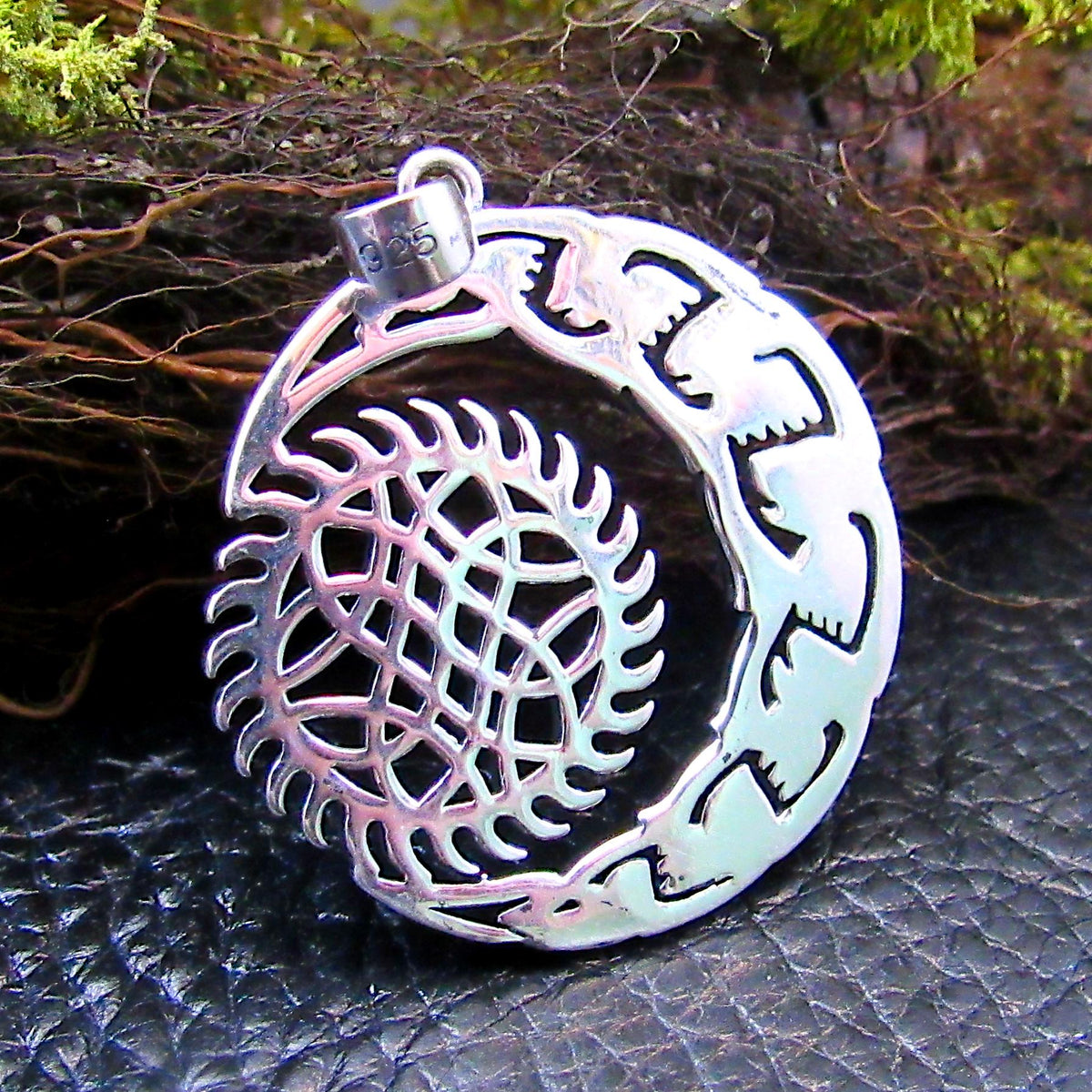 Solid 925 Sterling Silver Crescent Moon And Sun Pendant, Celtic Zoomorphic Beasts Amulet