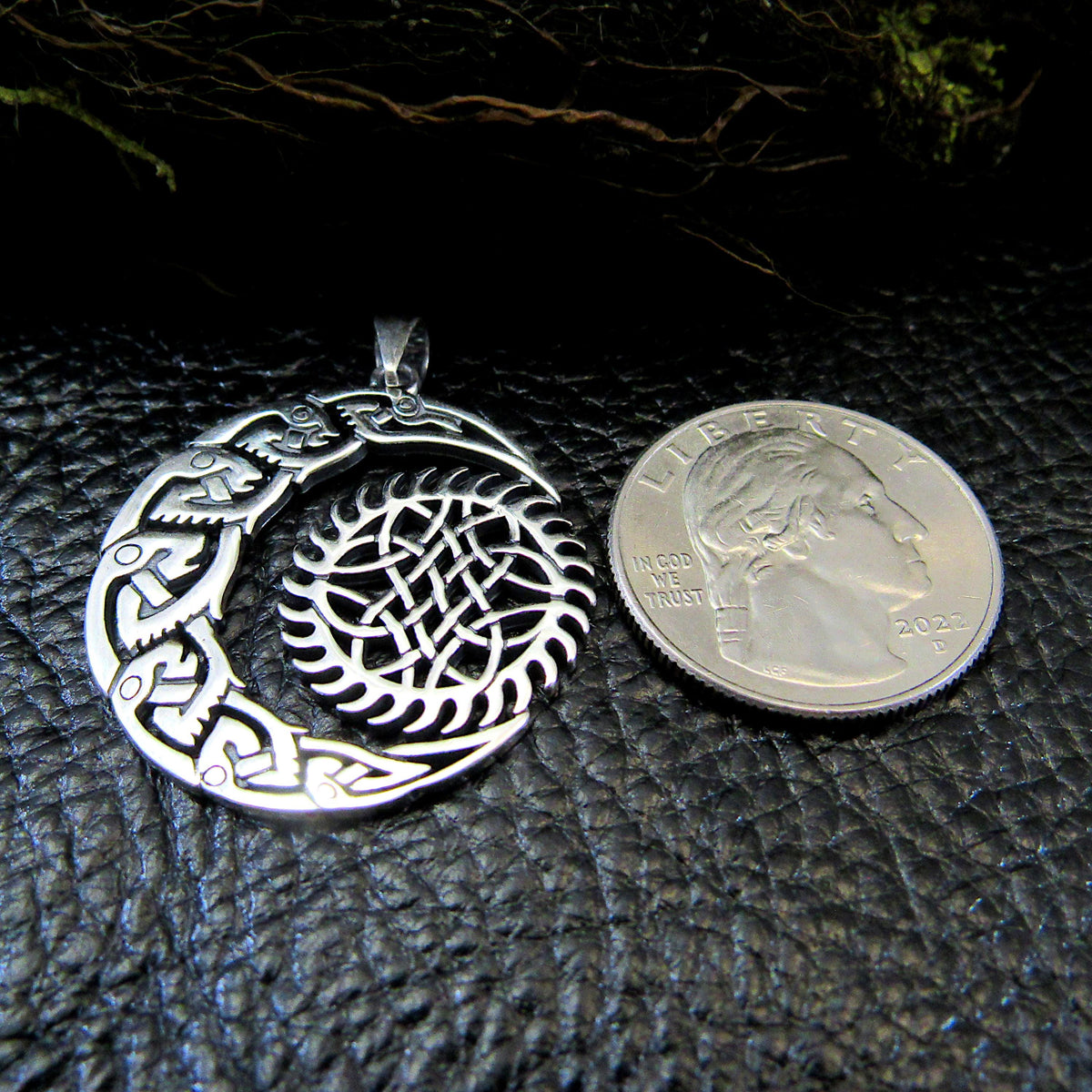 Solid 925 Sterling Silver Crescent Moon And Sun Pendant, Celtic Zoomorphic Beasts Amulet