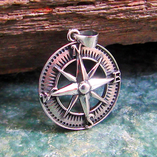Solid 925 Sterling Silver Compass Pendant – Nautical Rose of the Winds Symbol – Sailor Jewelry Charm