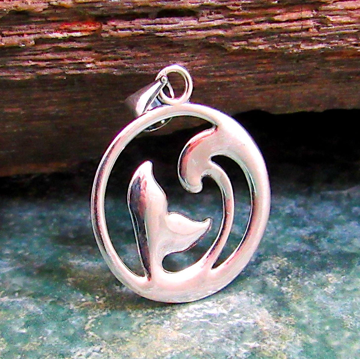 925 Whale Tail & Wave Pendant Necklace, Solid Sterling Silver Nautical Jewelry Charm