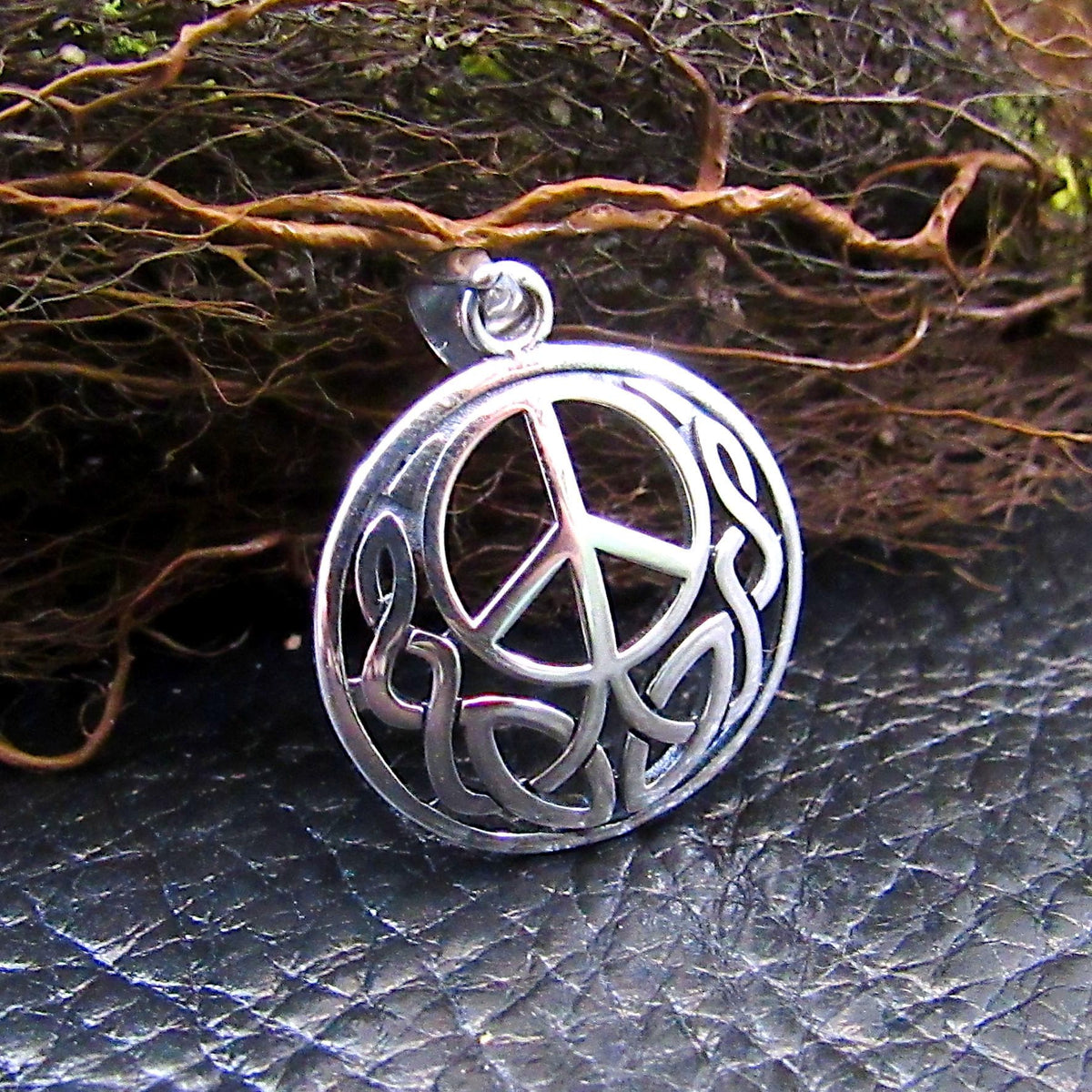 Solid 925 Sterling Silver Peace Sign Pendant with Celtic Knotwork - Hippie Jewelry Charm