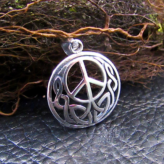 Solid 925 Sterling Silver Peace Sign Pendant with Celtic Knotwork - Hippie Jewelry Charm