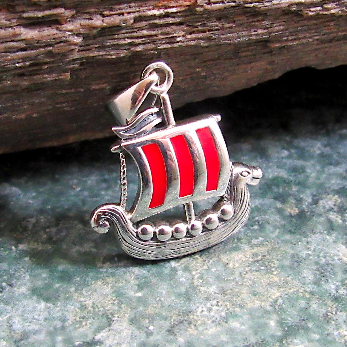Solid 925 Sterling Silver Viking Ship Pendant with Red Enamel - Norse Longship Necklace Charm