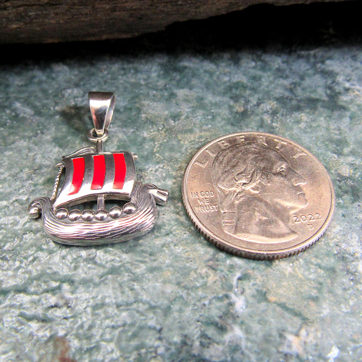 Solid 925 Sterling Silver Viking Ship Pendant with Red Enamel - Norse Longship Necklace Charm