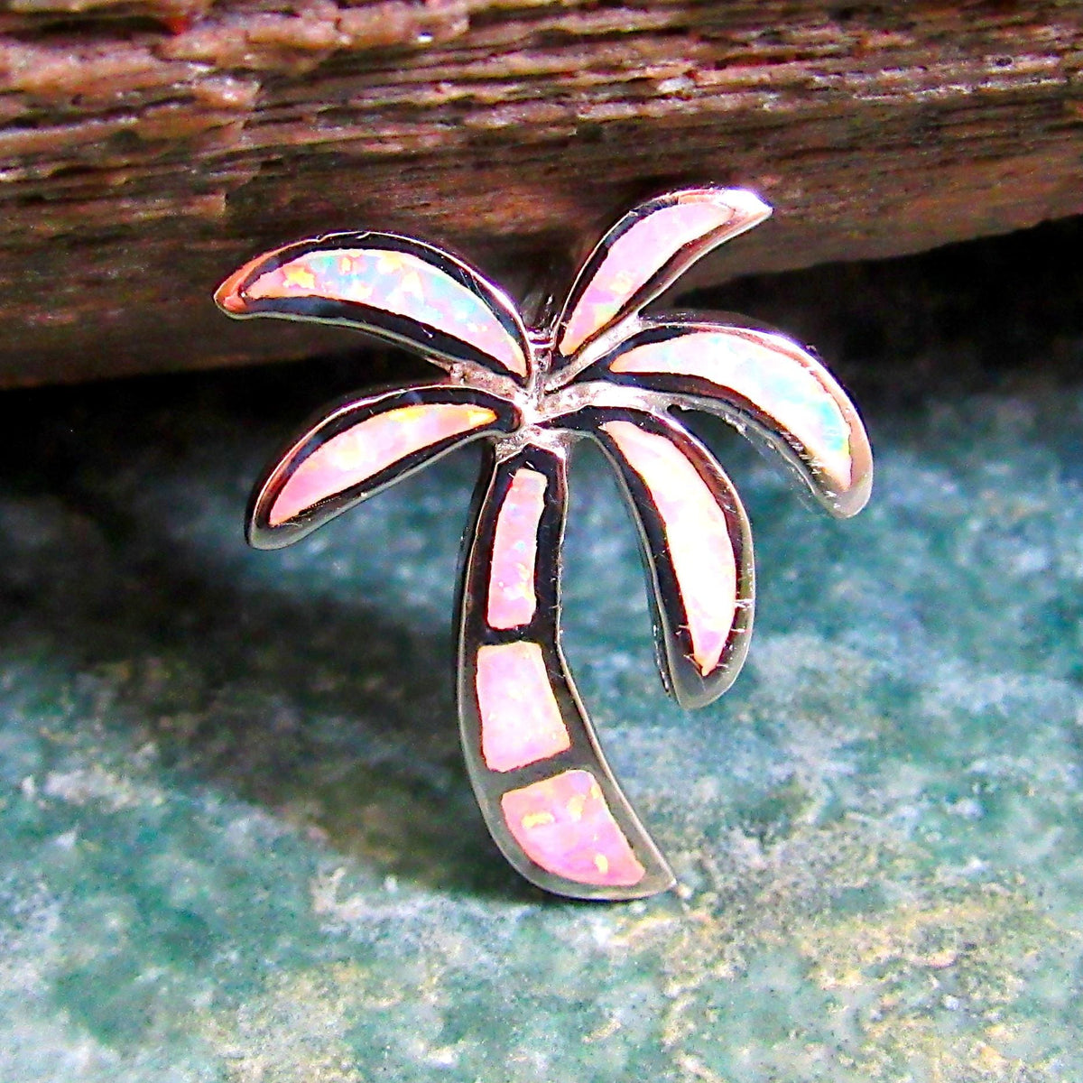 925 Sterling Silver Palm Tree Slide Pendant with Lab Opal Inlay — Beach Lover Gift