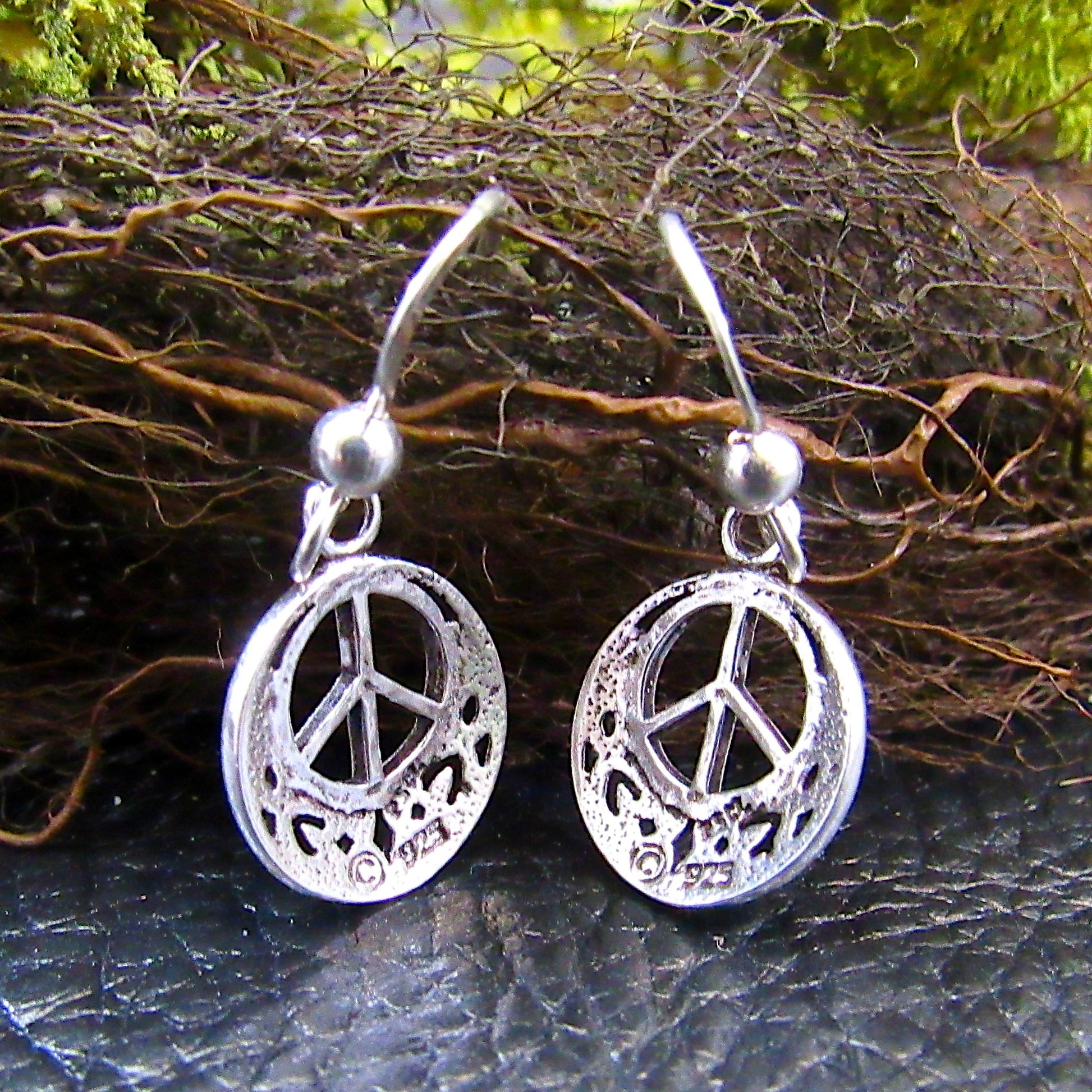 Solid 925 Sterling Silver Peace Sign Earrings with Celtic Knotwork, Drop Dangle Hook Earrings