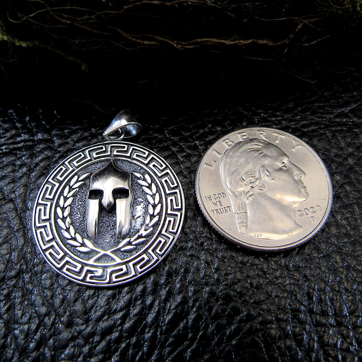 Solid 925 Sterling Silver Spartan Helmet Pendant - Greek Key Warrior Coin Medallion