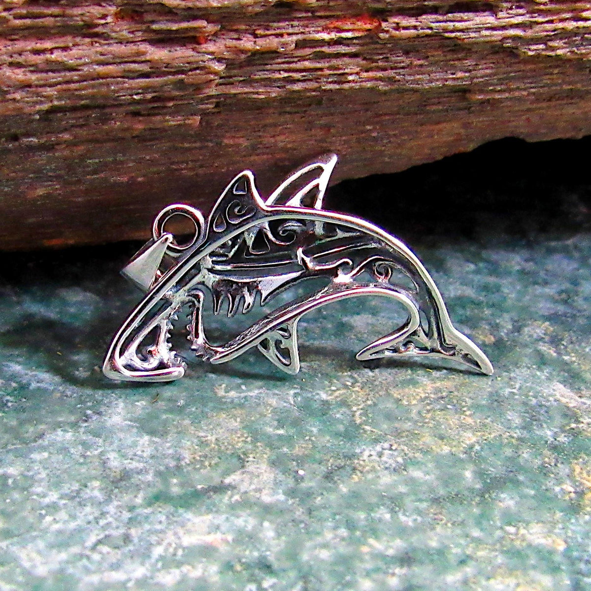 Solid 925 Sterling Silver Shark Pendant – Tribal Style Ocean Necklace Charm – Gift for Surfer