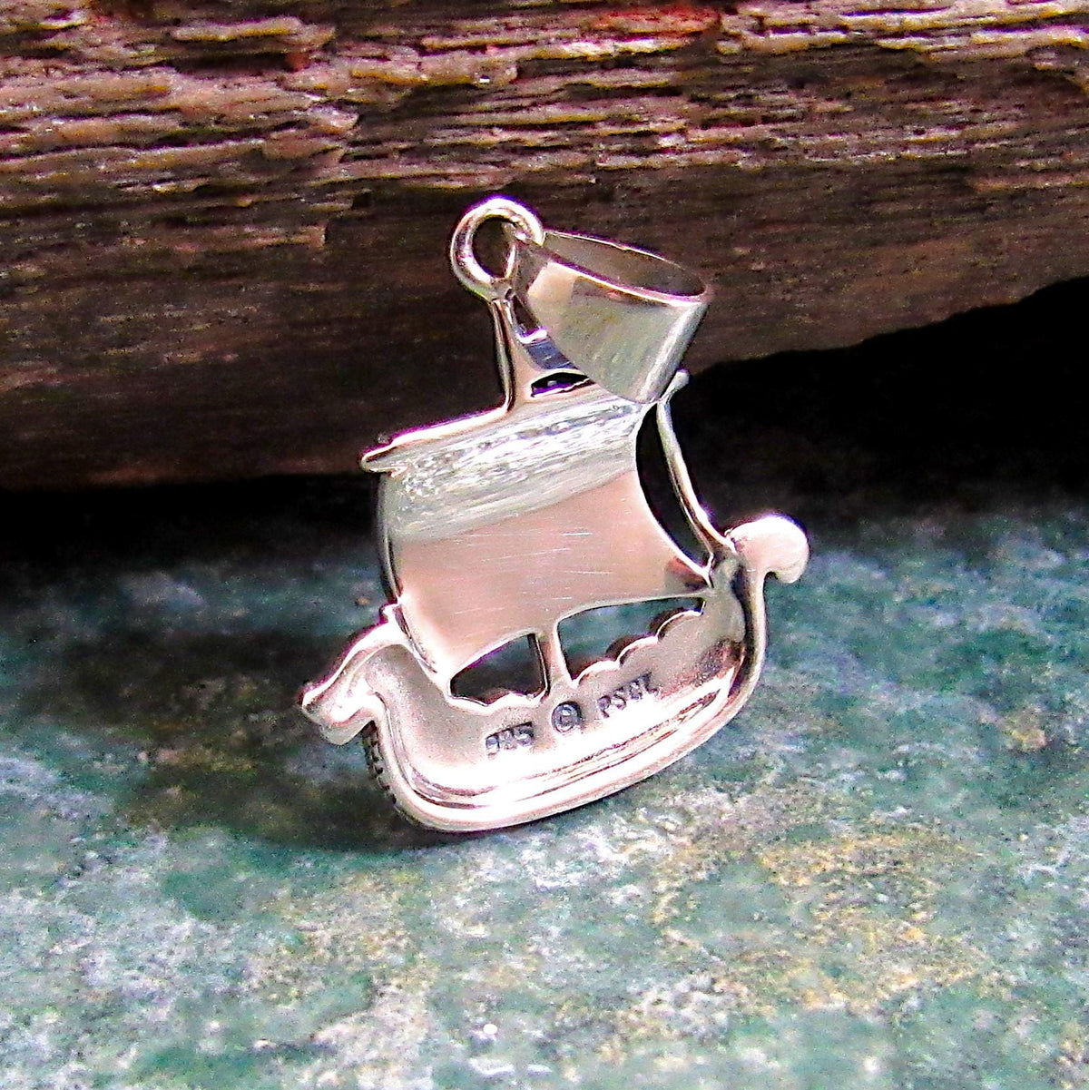 Solid 925 Sterling Silver Viking Ship Pendant with Red Enamel - Norse Longship Necklace Charm