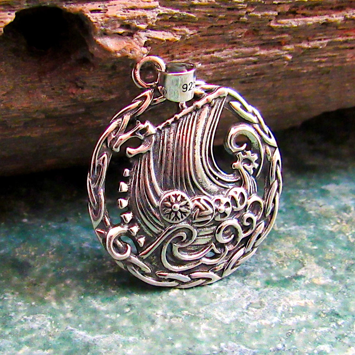 925 Viking Ship Pendant Necklace - Solid Sterling Silver Norse Longboat Ocean Scene Amulet