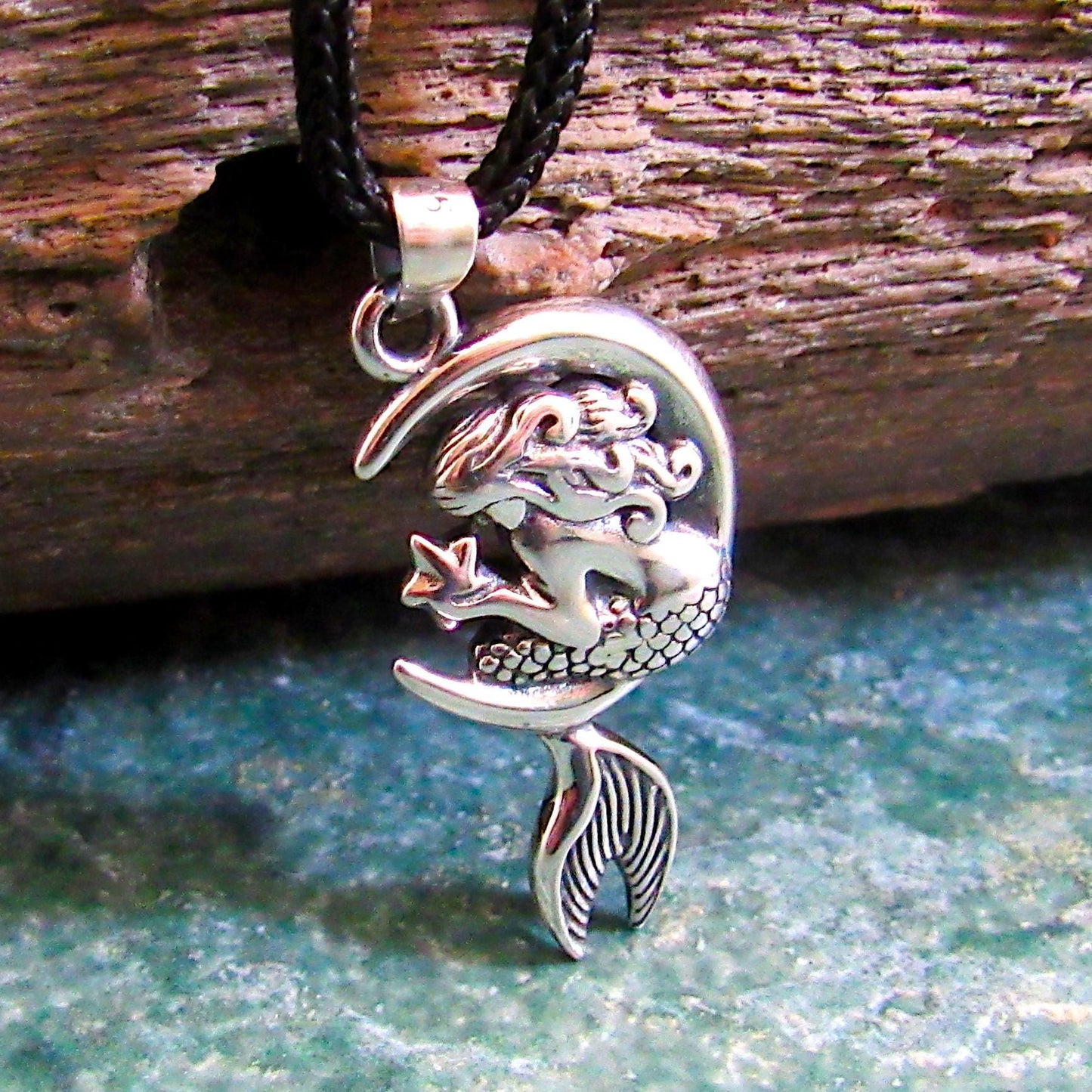 925 Mermaid on Moon Pendant Necklace, Solid Sterling Silver Cosmic & Nautical Ocean Life Jewelry