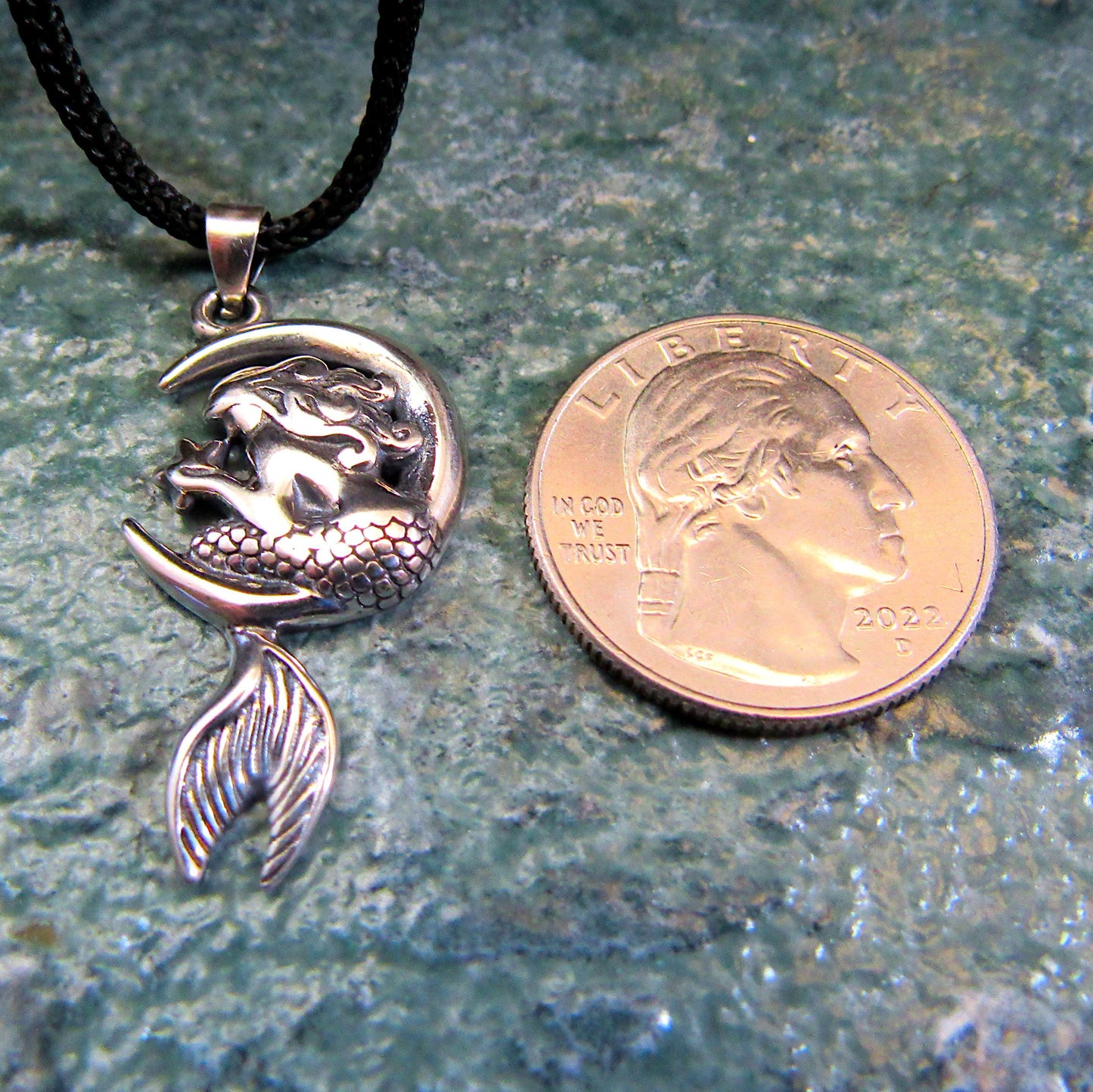 925 Mermaid on Moon Pendant Necklace, Solid Sterling Silver Cosmic & Nautical Ocean Life Jewelry