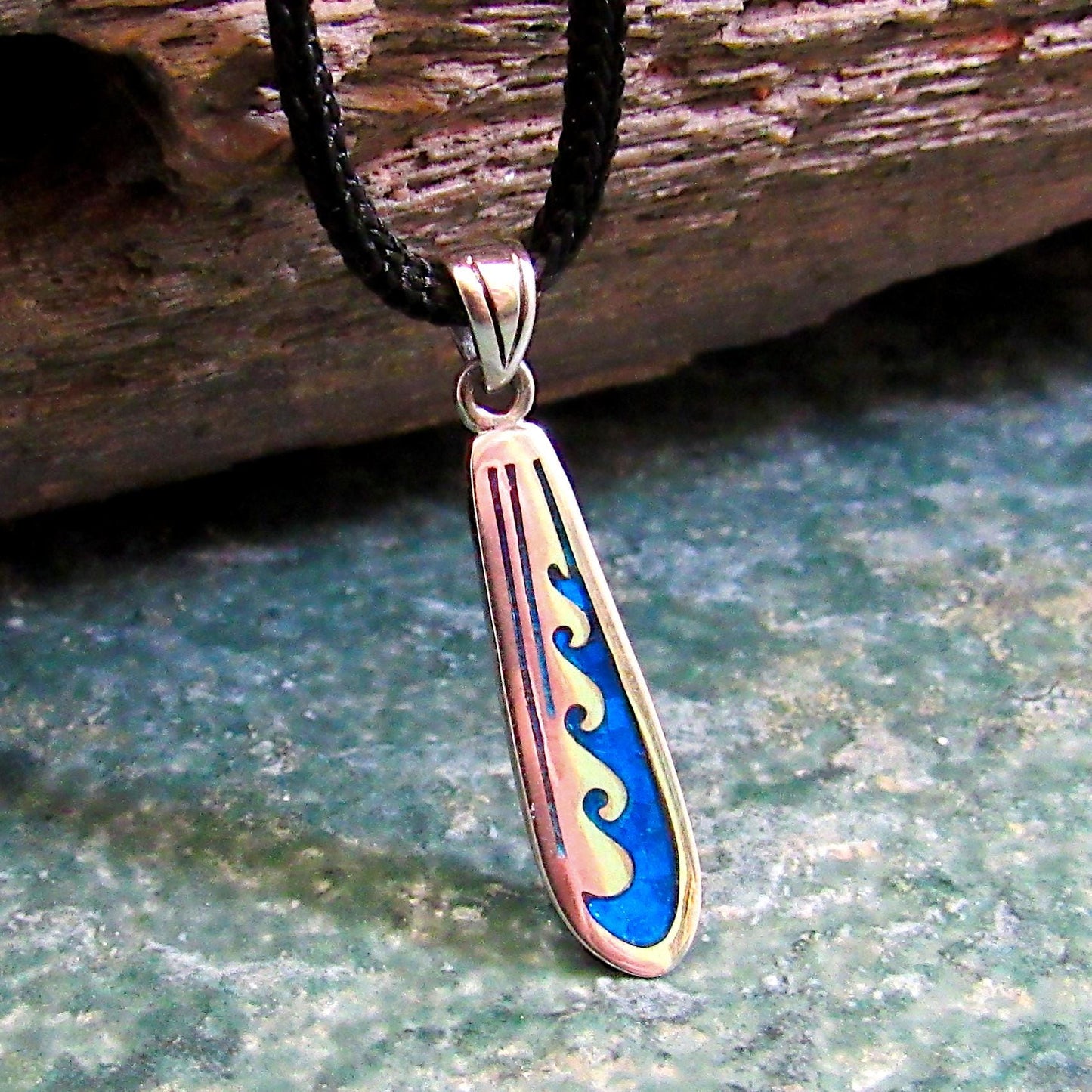 Skimboard with Waves Pendant - Solid 925 Sterling Silver & Blue Enamel Nautical Jewelry Necklace