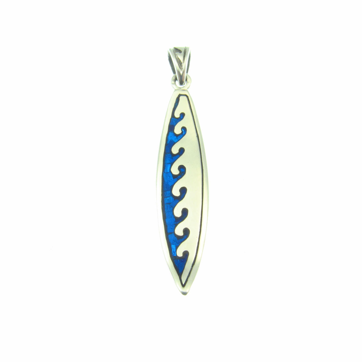 Surfboard with Waves Pendant - Solid 925 Sterling Silver & Blue Enamel Nautical Jewelry Necklace