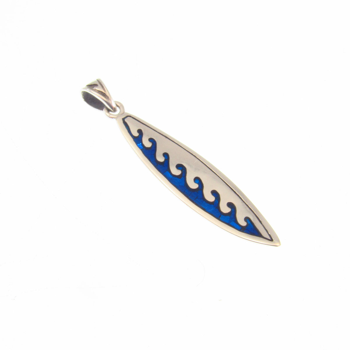 Surfboard with Waves Pendant - Solid 925 Sterling Silver & Blue Enamel Nautical Jewelry Necklace