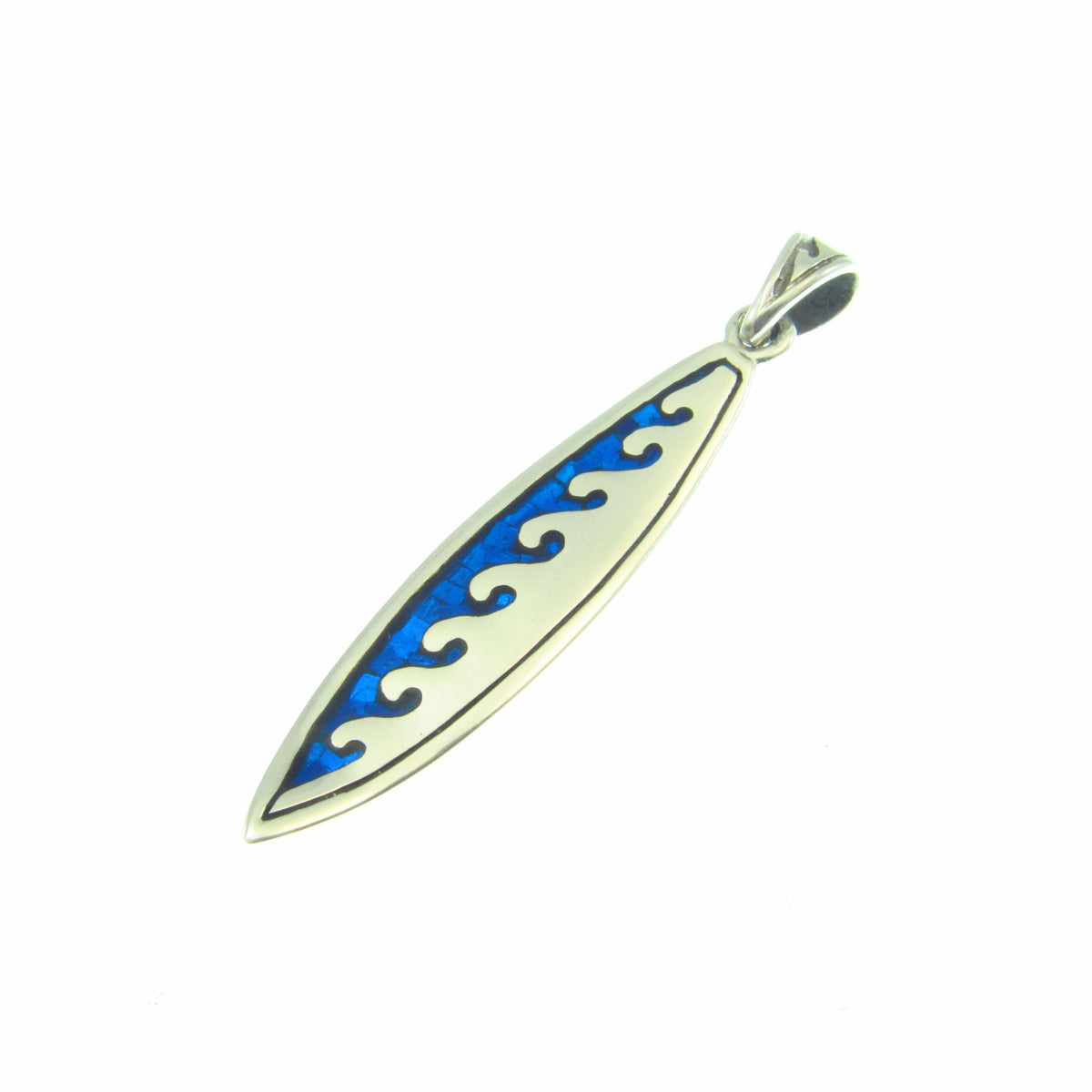 Surfboard with Waves Pendant - Solid 925 Sterling Silver & Blue Enamel Nautical Jewelry Necklace