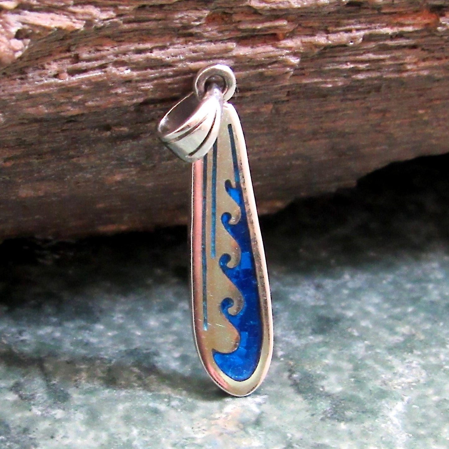 Skimboard with Waves Pendant - Solid 925 Sterling Silver & Blue Enamel Nautical Jewelry Necklace