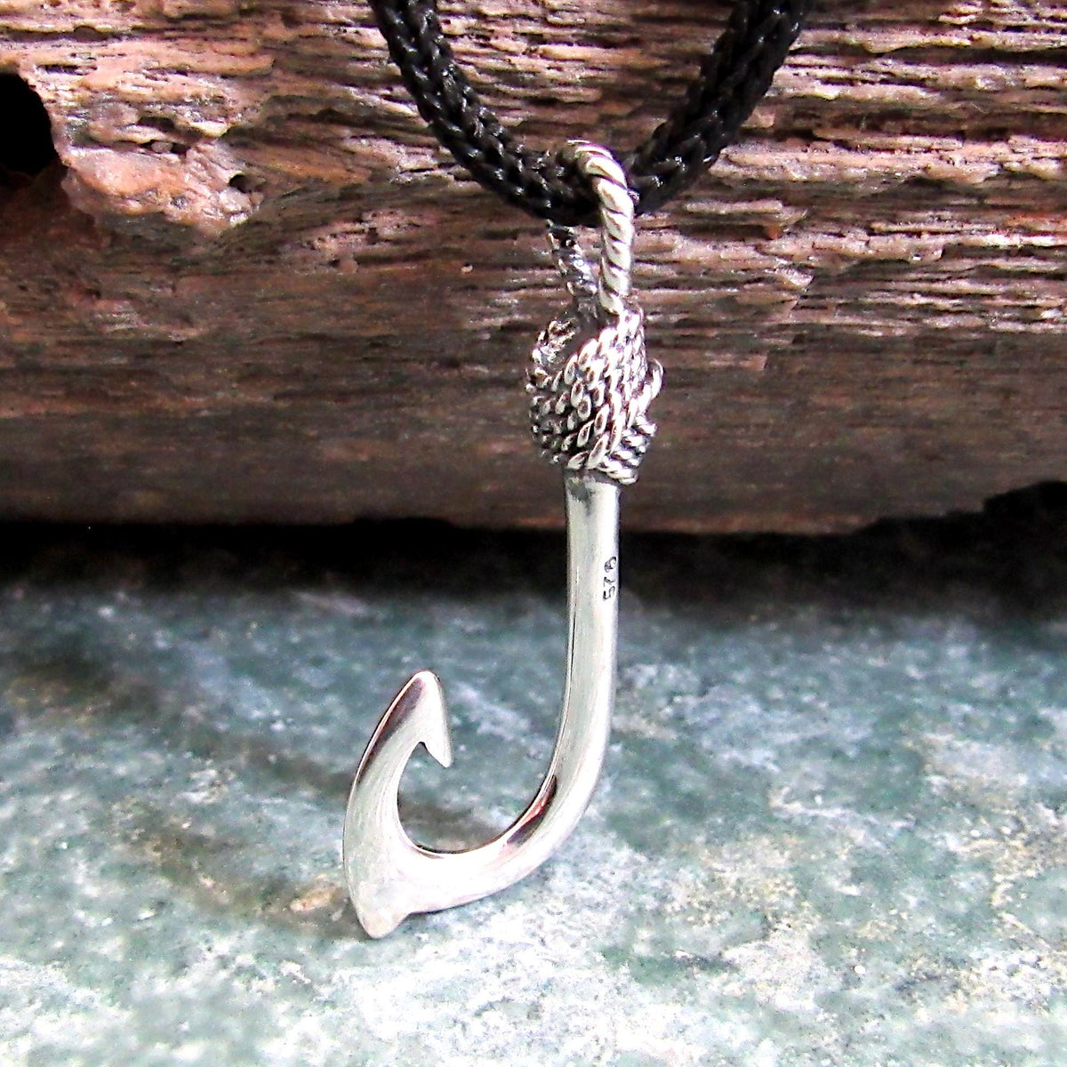 925 Fish Hook Pendant Necklace, Solid Sterling Silver Unisex Hawaiian Style Nautical Fishing Jewelry