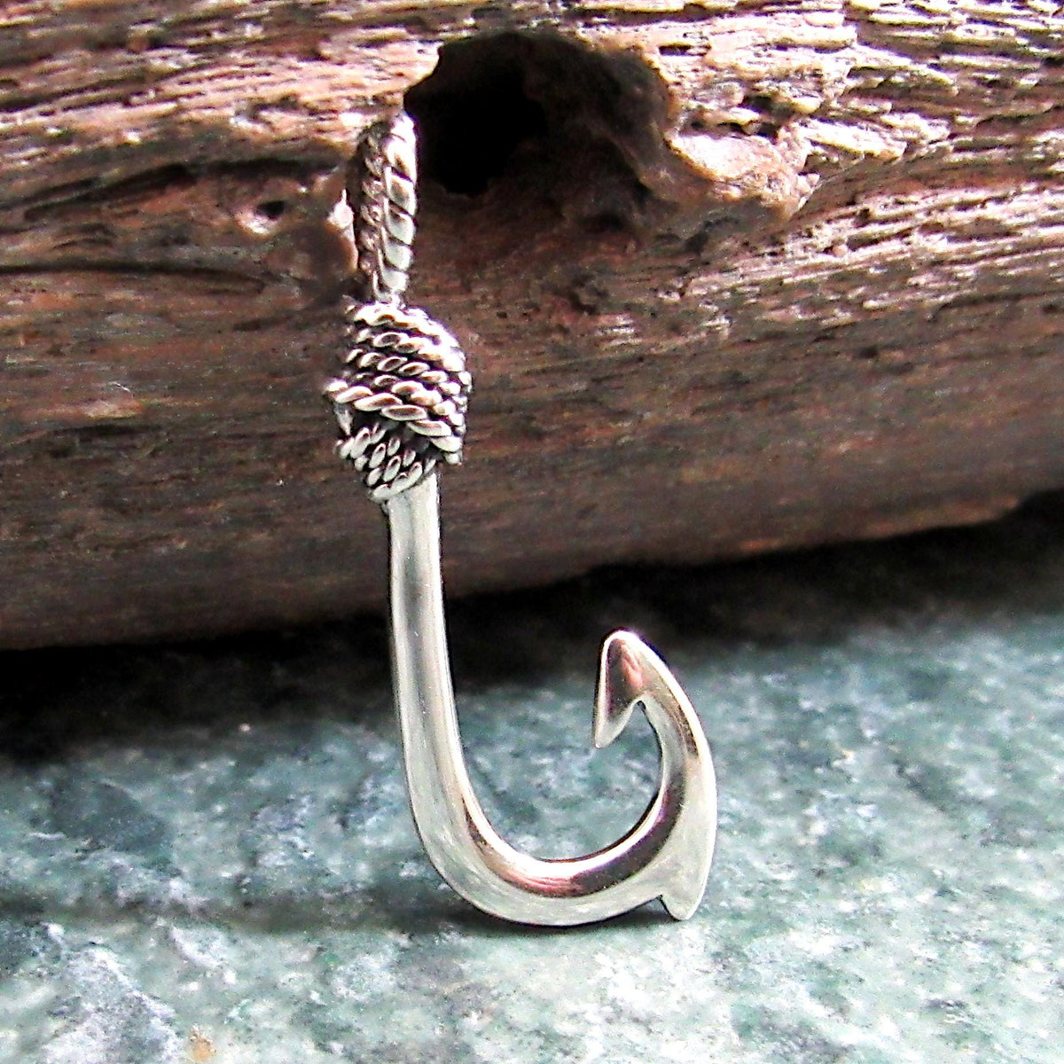 925 Fish Hook Pendant Necklace, Solid Sterling Silver Unisex Hawaiian Style Nautical Fishing Jewelry