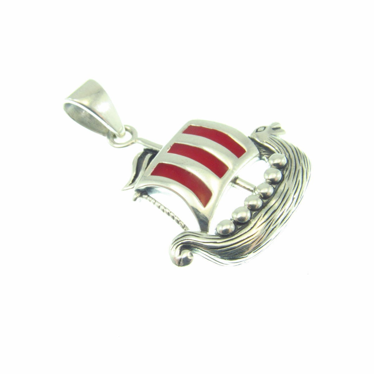 Solid 925 Sterling Silver Viking Ship Pendant with Red Enamel - Norse Longship Necklace Charm