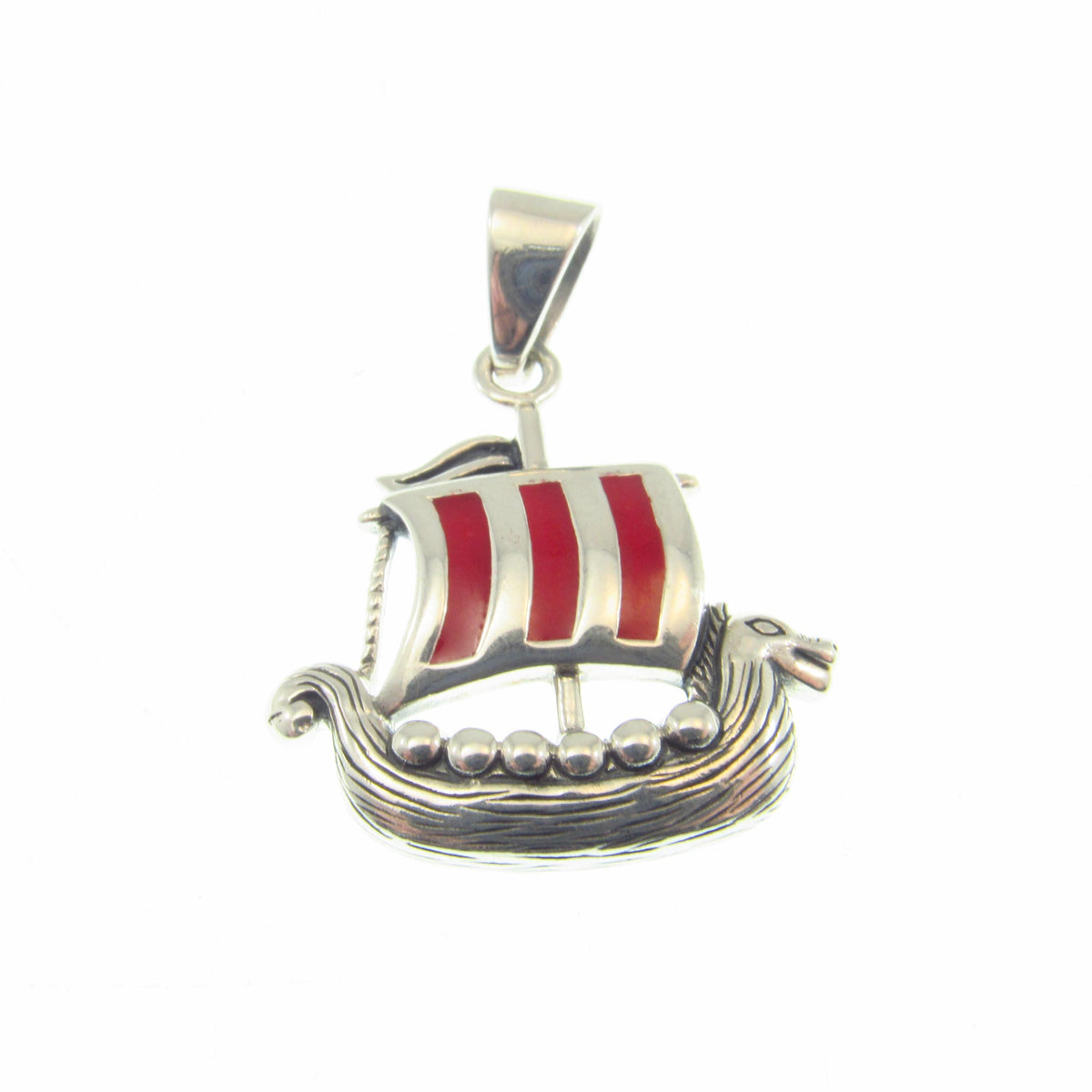 Solid 925 Sterling Silver Viking Ship Pendant with Red Enamel - Norse Longship Necklace Charm