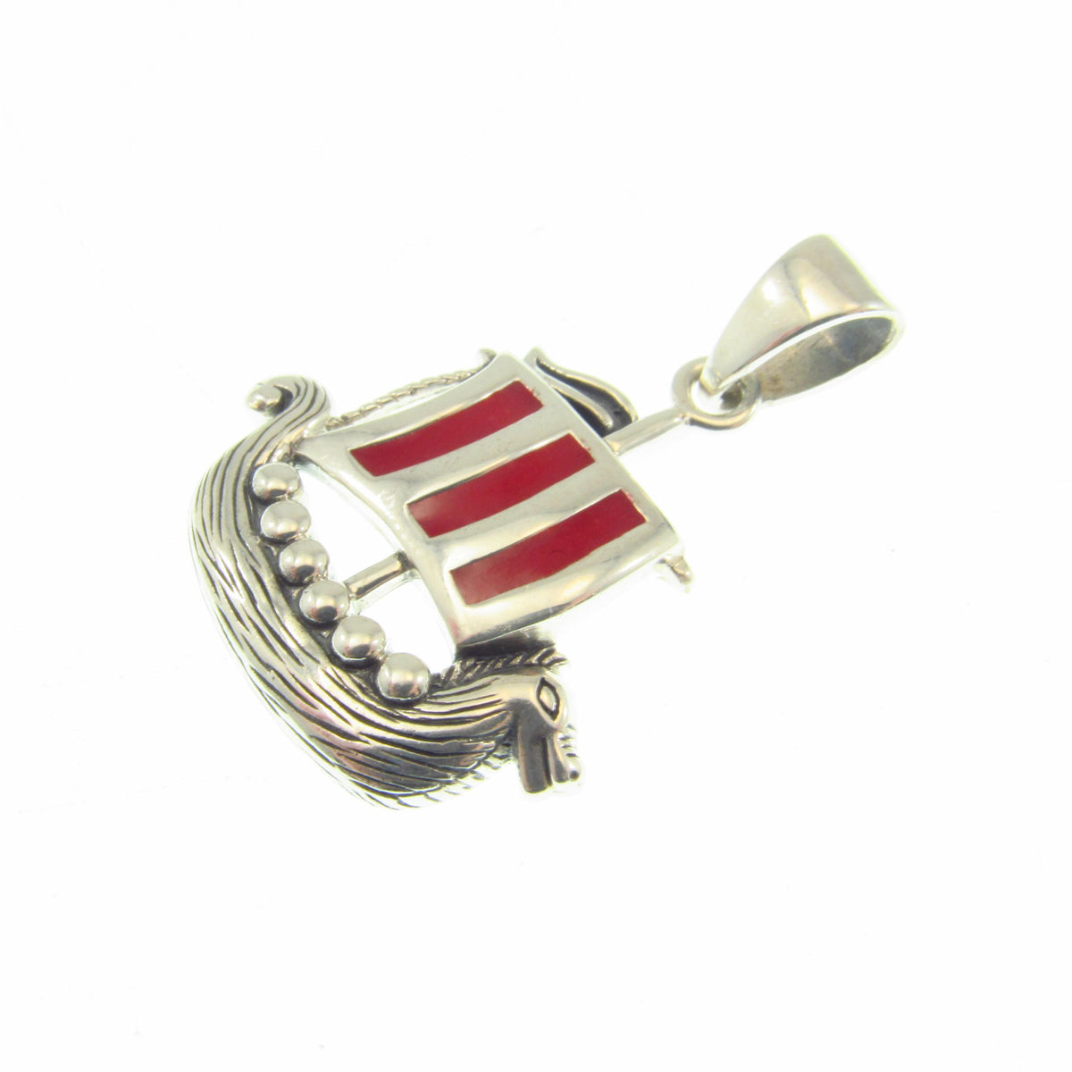 Solid 925 Sterling Silver Viking Ship Pendant with Red Enamel - Norse Longship Necklace Charm