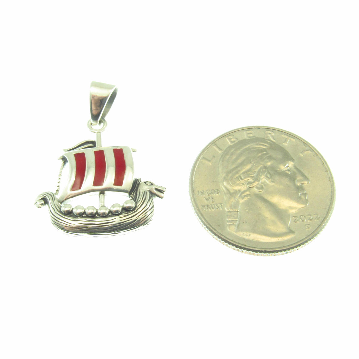 925 Viking Ship Pendant Necklace, Solid Sterling Silver & Red Enamel Norse Longship Jewelry Charm