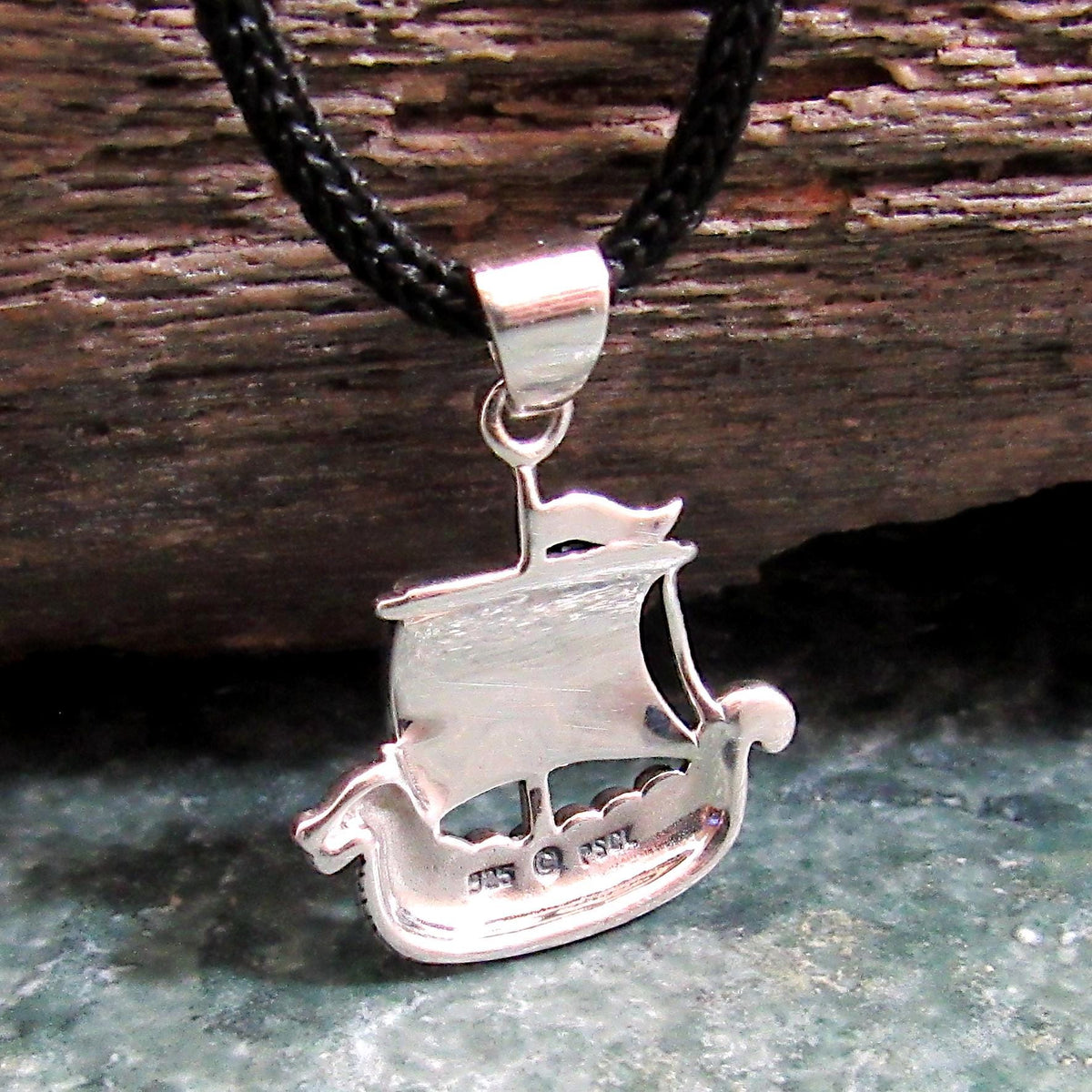 Solid 925 Sterling Silver Viking Ship Pendant with Red Enamel - Norse Longship Necklace Charm