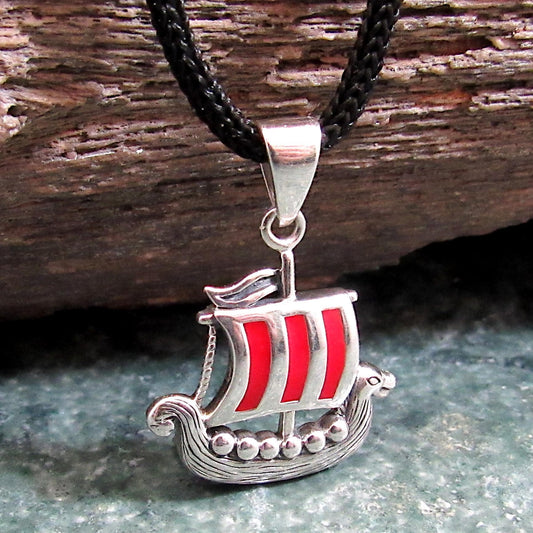 Solid 925 Sterling Silver Viking Ship Pendant with Red Enamel - Norse Longship Necklace Charm