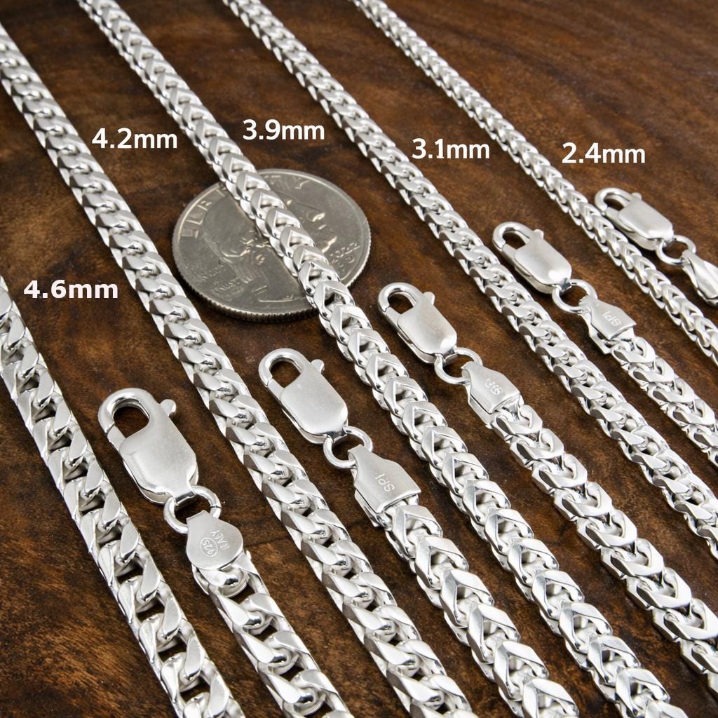 Solid 925 Sterling Silver Franco Chain Necklace for Men, Italian Chevron Links, Heavy Mens Jewelry