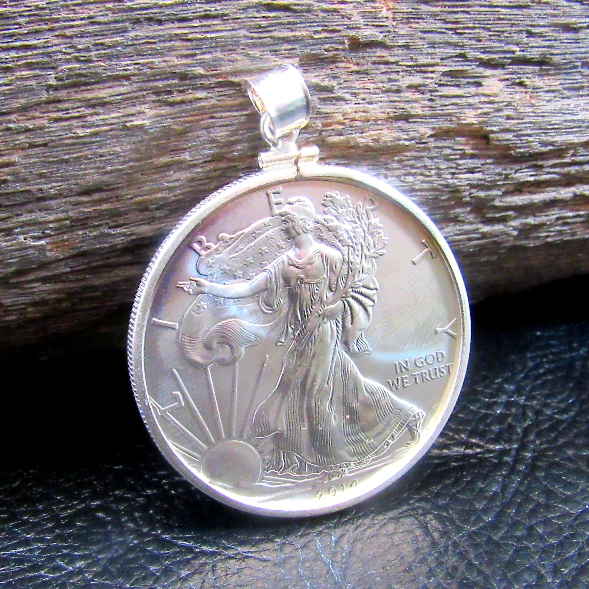 American Silver Eagle Pendant – 2014 BU Brilliant Uncirculated ASE Silver Dollar – Solid .999 Walking Liberty Coin Necklace, Made in USA