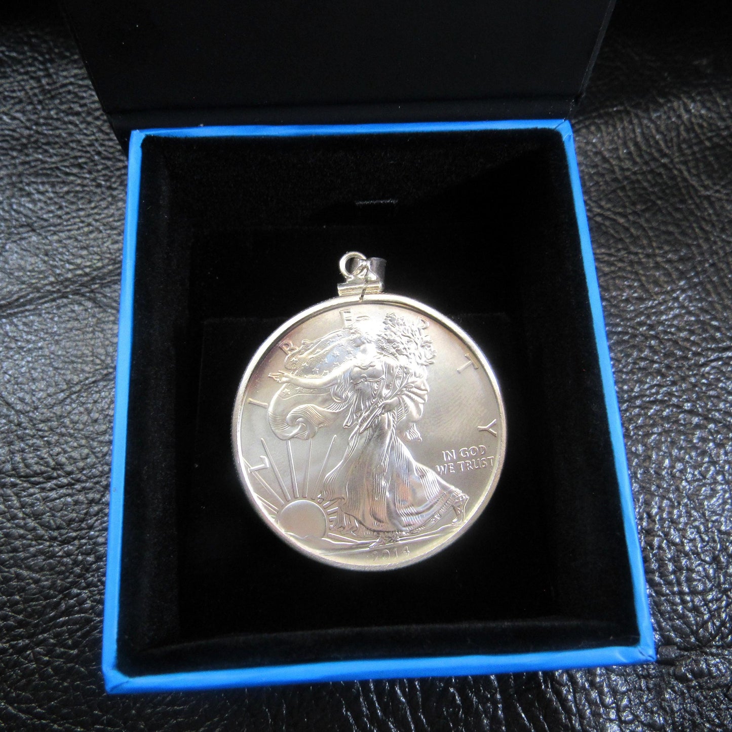 American Silver Eagle Pendant – 2014 BU Brilliant Uncirculated ASE Silver Dollar – Solid .999 Walking Liberty Coin Necklace, Made in USA