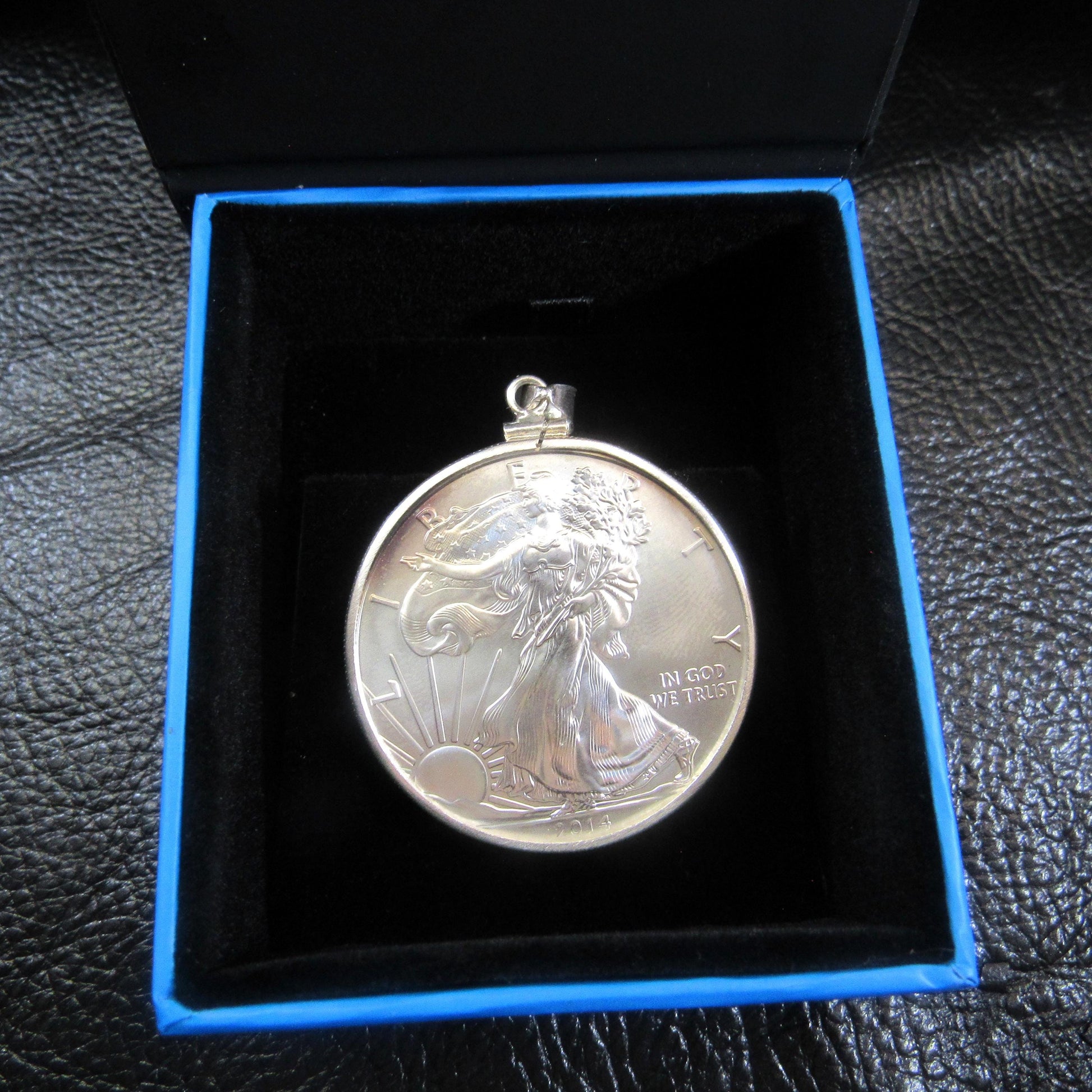 American Silver Eagle Pendant – 2014 BU Brilliant Uncirculated ASE Silver Dollar – Solid .999 Walking Liberty Coin Necklace, Made in USA