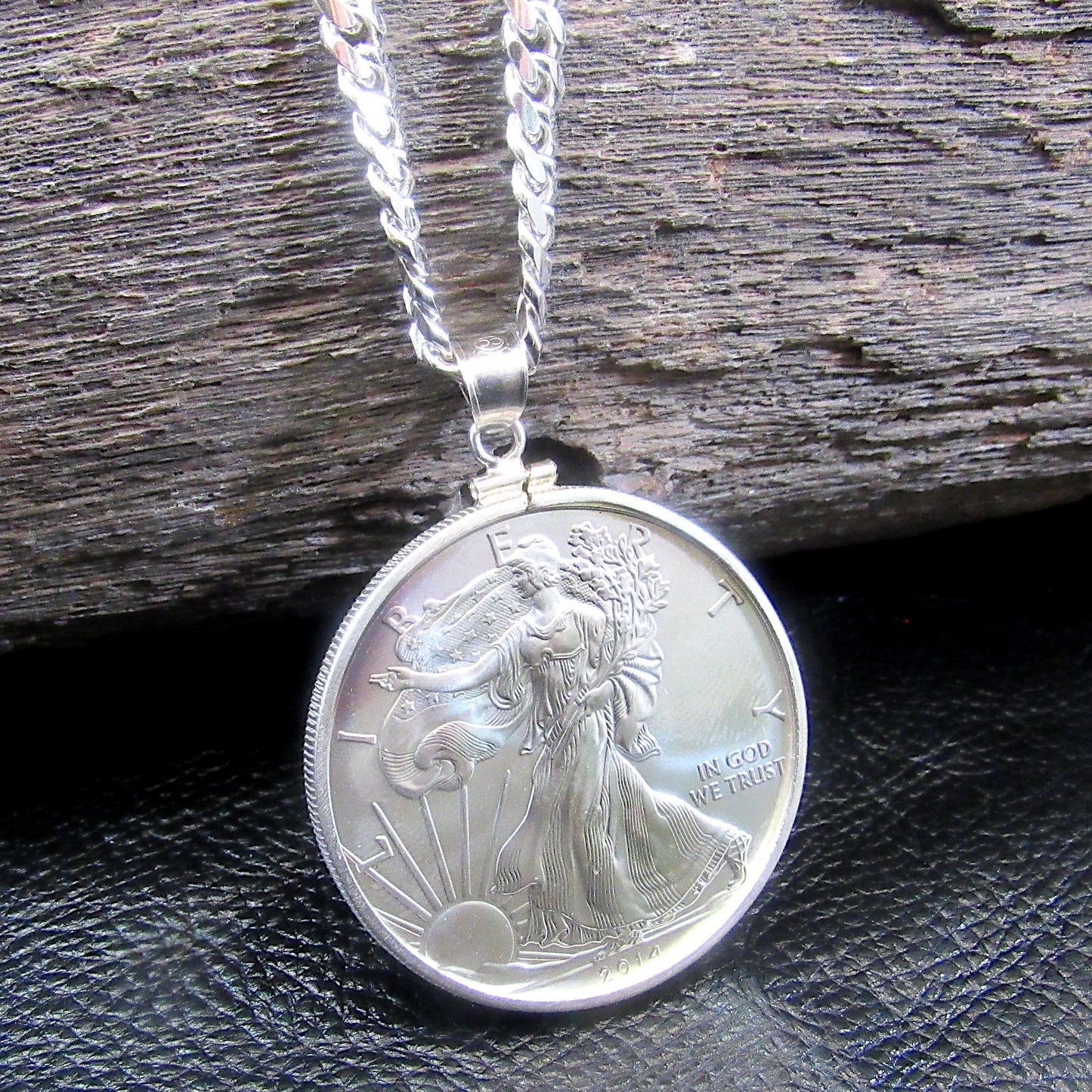 American Silver Eagle Pendant – 2014 BU Brilliant Uncirculated ASE Silver Dollar – Solid .999 Walking Liberty Coin Necklace, Made in USA